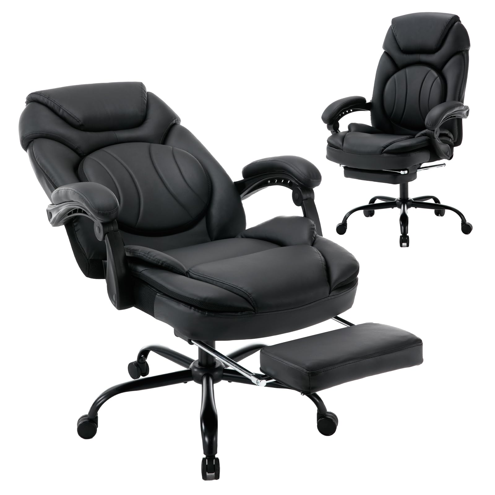 350lbs Heavy Duty Reclining Office Chair with Lumbar Support & Footrest - PU Leather Executive Desk Chair with Wide Seat, Ergonomic Design & Smooth Rolling Wheels - Perfect for Home Office, Gaming & Conference Rooms (Black)