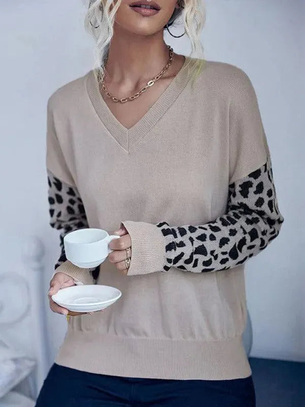 Women's V-Neck Knitted Sweater Top with Wild Print Sleeves - Soft Casual Pullover for Fall & Winter | Perfect for Office, Date Night & Weekend Outfits