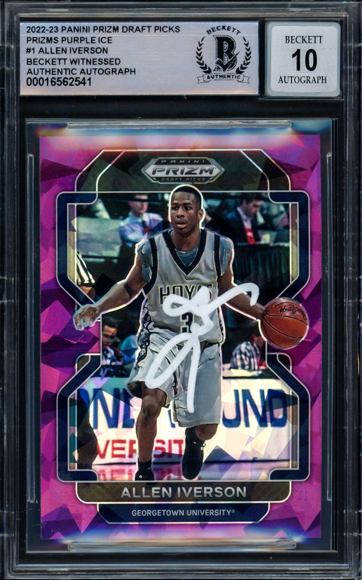 Allen Iverson Autographed 2022-23 Panini Prizm Draft Picks Purple Ice #1 Georgetown Hoyas Auto Beckett BAS Gem Mint 10 (90/149) - Basketball Trading Card for Collectors & Fans - Perfect for Display, Investment & Memorabilia Collections