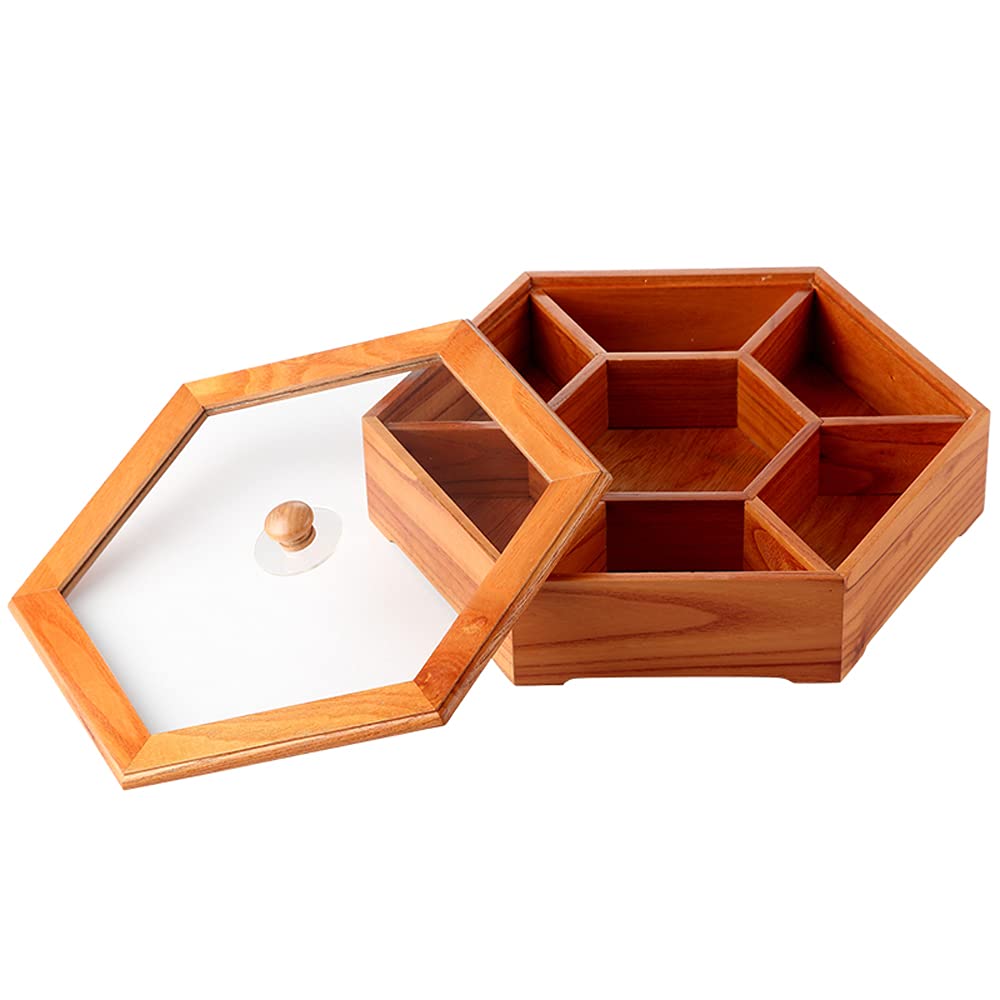 Hexagonal Wooden Dried Fruit Box with Transparent Glass Lid - 7 Compartment Creative Snack Storage Container for Nuts, Seeds, Candy & Confectionery - Perfect for Living Room, Kitchen Countertop & Party Serving Tray