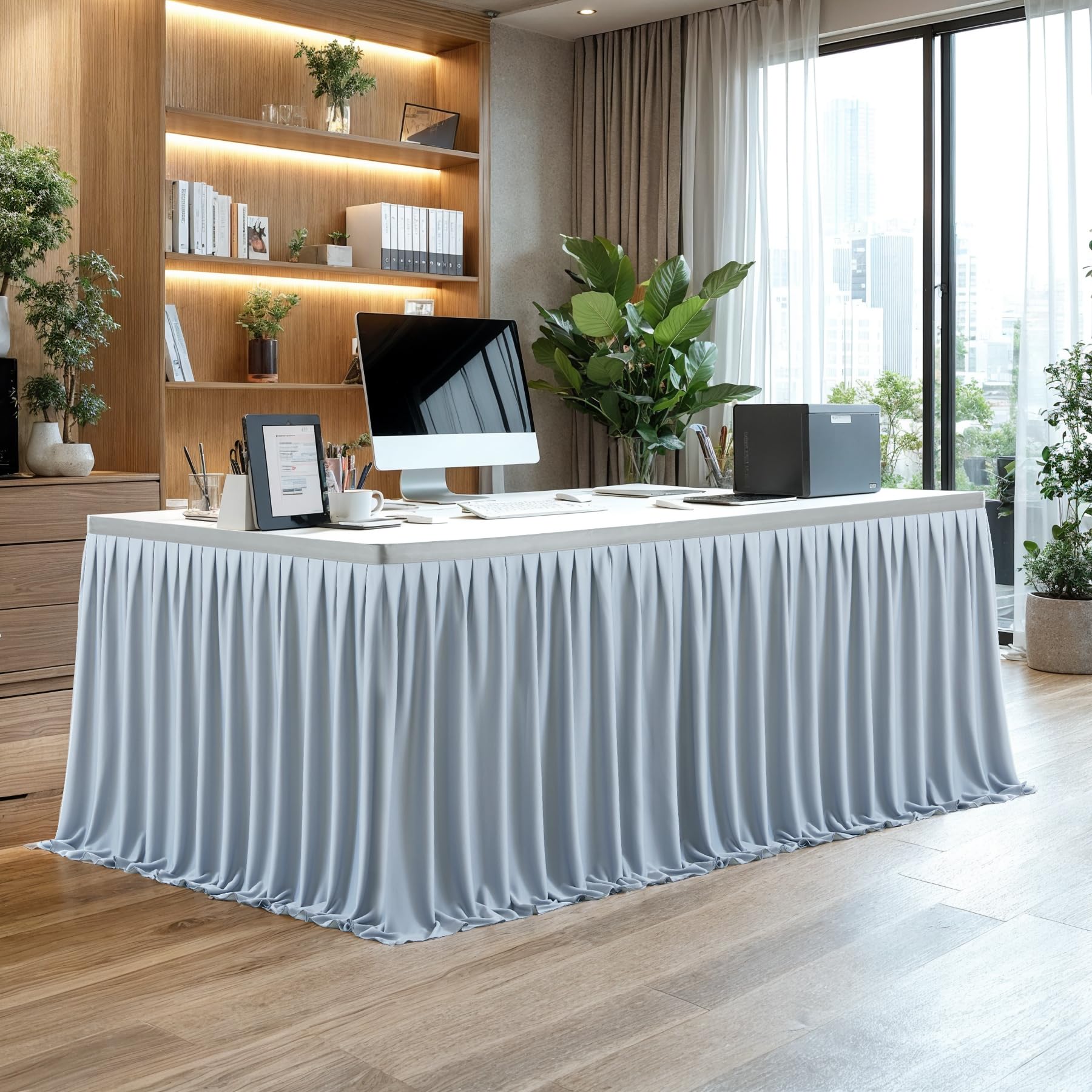 Gray Polyester Table Skirt 14ft - Wrinkle Resistant for Banquet Wedding Baby Shower - Dining Table Decor