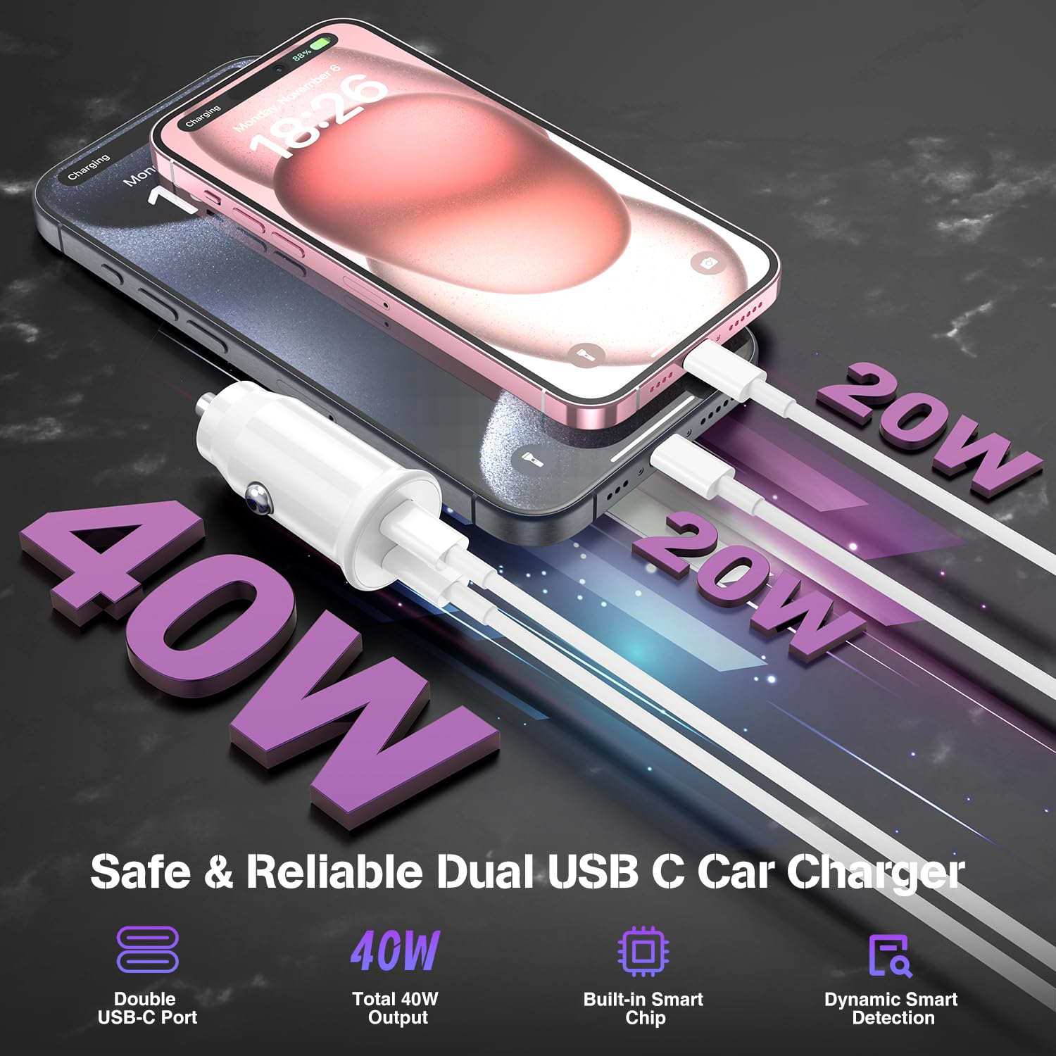40W Fast Car Charger for iPhone 15/Pro/Pro Max - Dual USB C Port with 2-Pack 10ft Cables - Compatible with iPad Pro/Air/Mini & Android Phones - Perfect for Road Trips & Daily Commutes