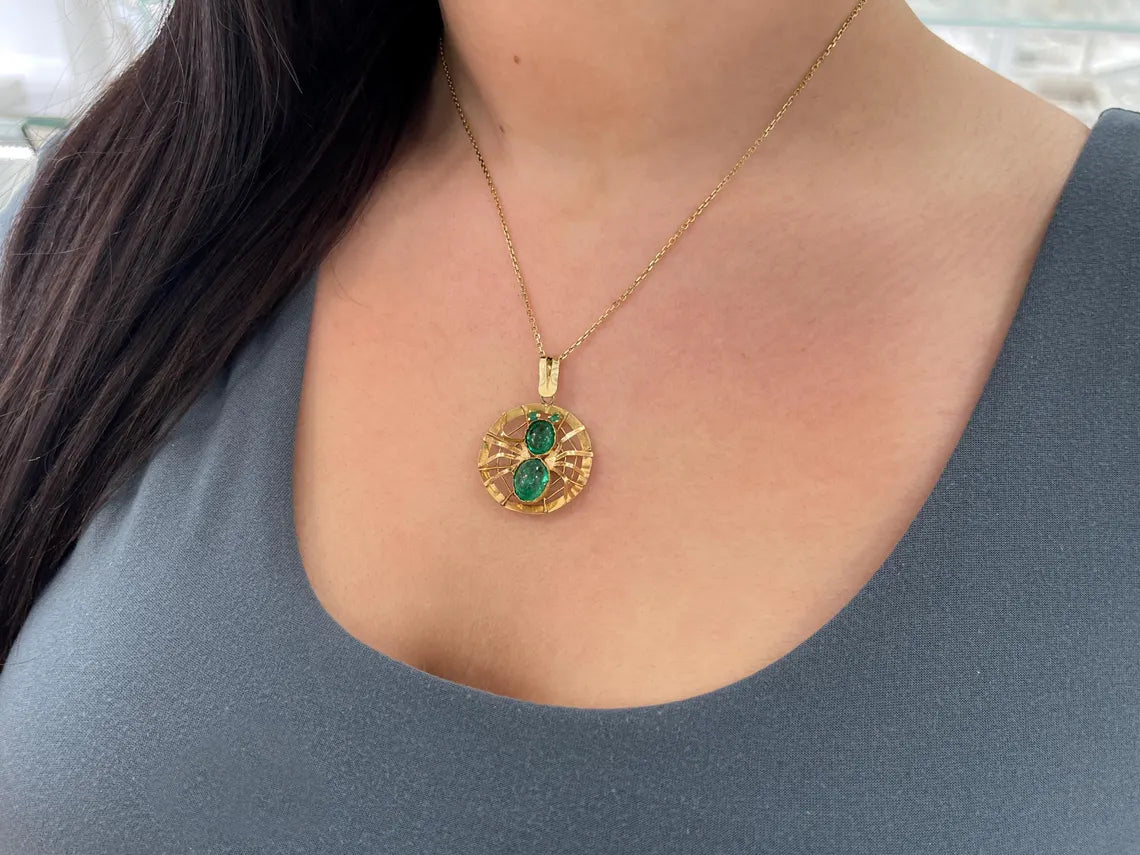 5.23ct Colombian Emerald Cabochon Oval Spider Pendant Necklace - Handmade Sterling Silver Jewelry for Women, Gothic Fashion Accessory, Perfect for Halloween, Cosplay & Unique Gift Giving