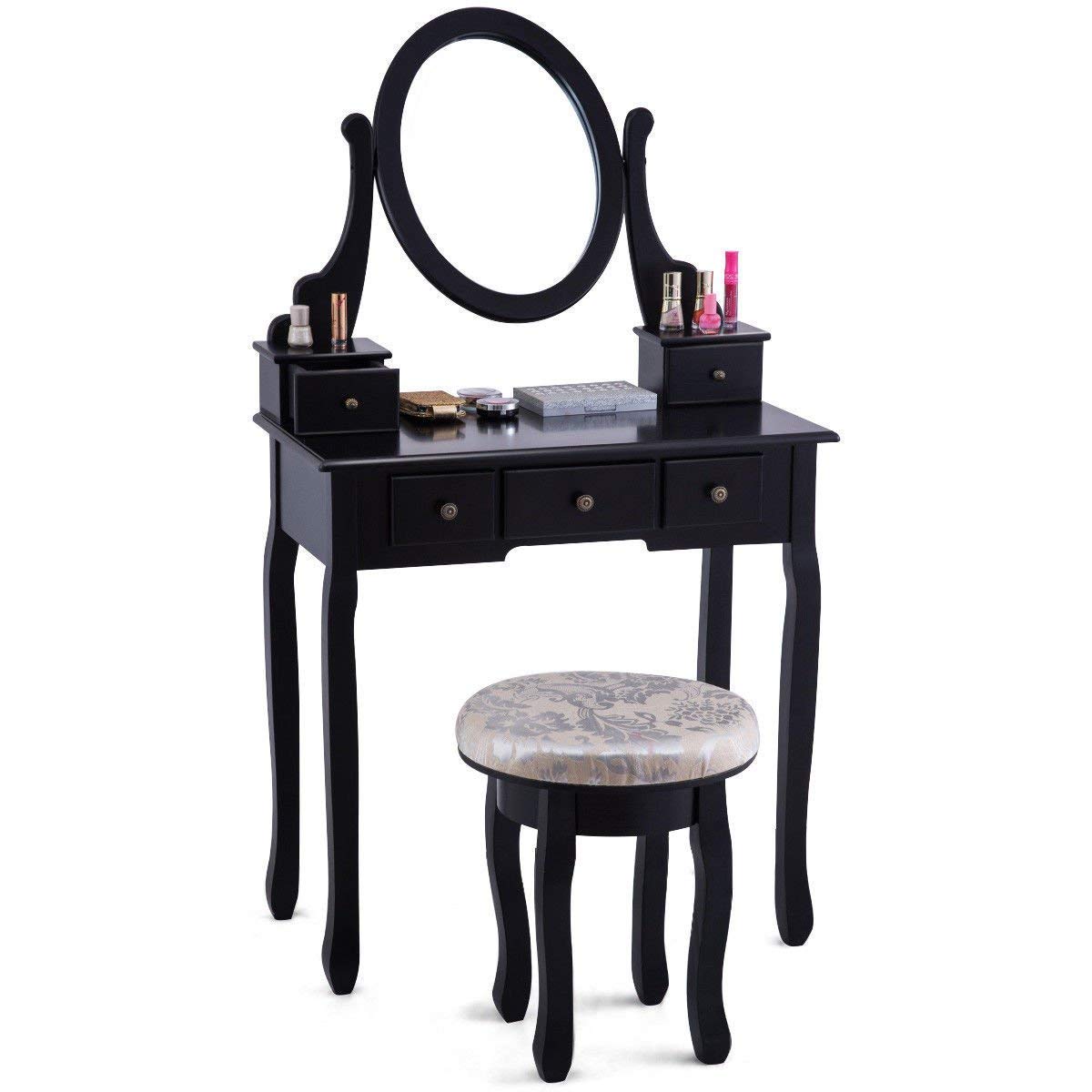 Casart Vanity Makeup Table Set with Cushioned Stool & 360° Swivel Mirror - 5-Drawer Dressing Table for Bedroom, Black Wooden Vanity Set - Perfect for Makeup, Skincare & Jewelry Organization