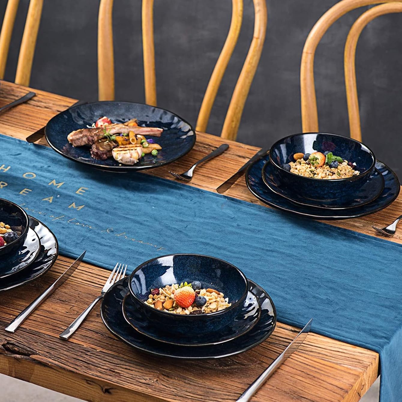 Vicrays 8 Inch Ceramic Dessert Plates Set of 4 - Round Porcelain Salad Plates Microwave, Oven & Dishwasher Safe - Scratch Resistant Fluted Edge - Perfect for Snacks, Appetizers, Home Dining & Restaurant Use (Blue)