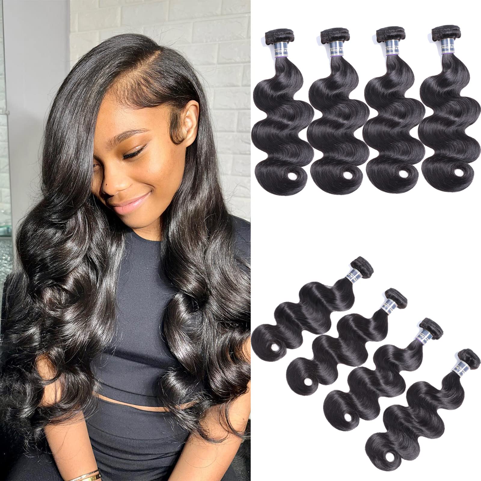 4 Bundles Brazilian Body Wave Human Hair Extensions 14 16 18 20 Inches - 9A Virgin Unprocessed 100% Human Hair Weave Bundles (1B Natural Black) for Styling, Volume & Length - Perfect for Daily Wear, Parties & Special Occasions