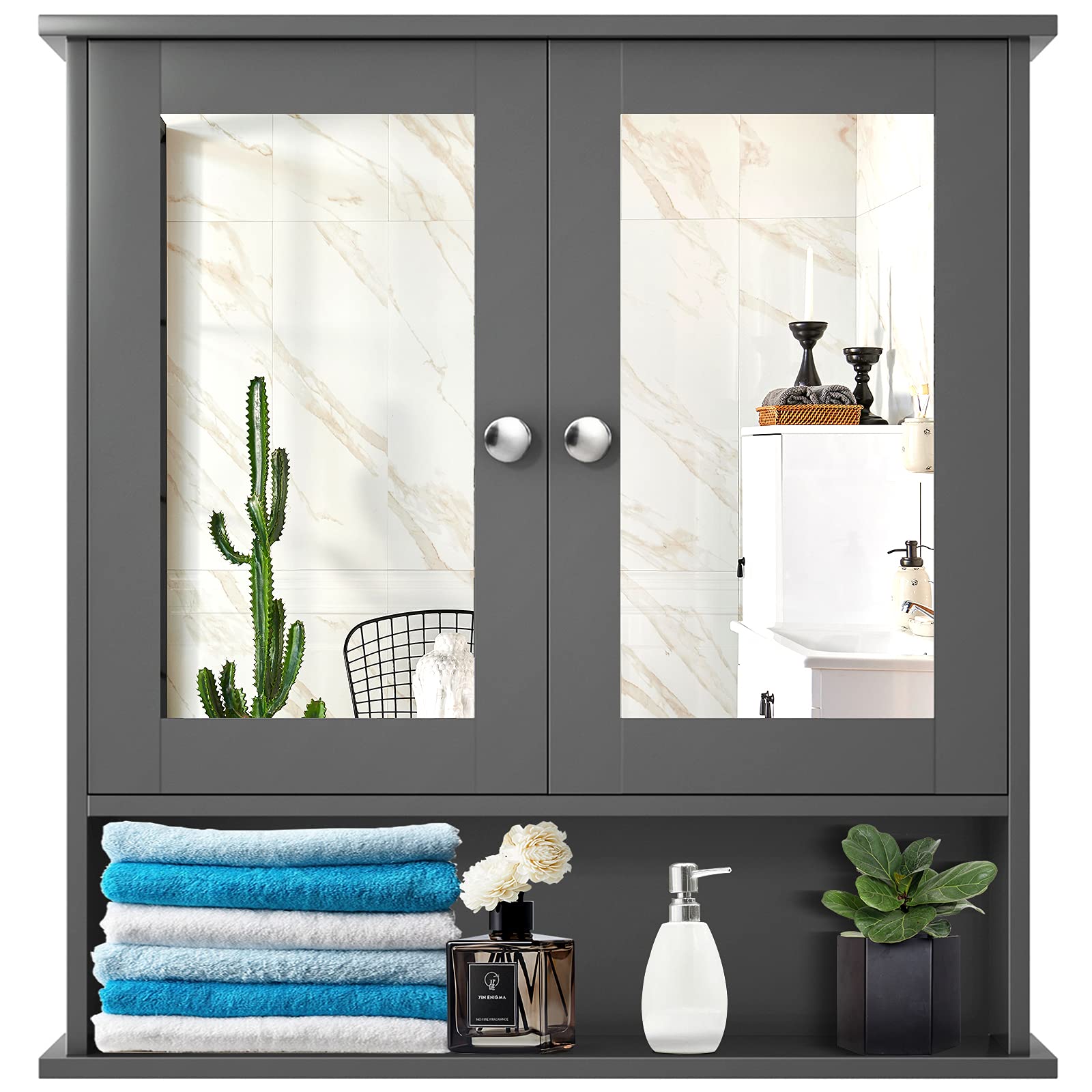 Wall Mounted Medicine Cabinet with Mirror - Double Door Bathroom Storage Organizer with Adjustable Shelf, Grey - Perfect for Bathroom, Hallway & Living Room Organization