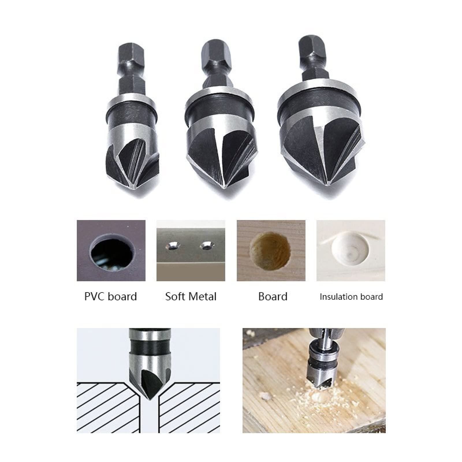 ALEYHA 3-Piece 5 Flute Chamfer Drill Bit Set - 12mm/16mm/19mm Woodworking Drill Bits with 82° Countersink & Hex Shank - Perfect for Cabinet Making, Furniture Assembly & DIY Wood Projects