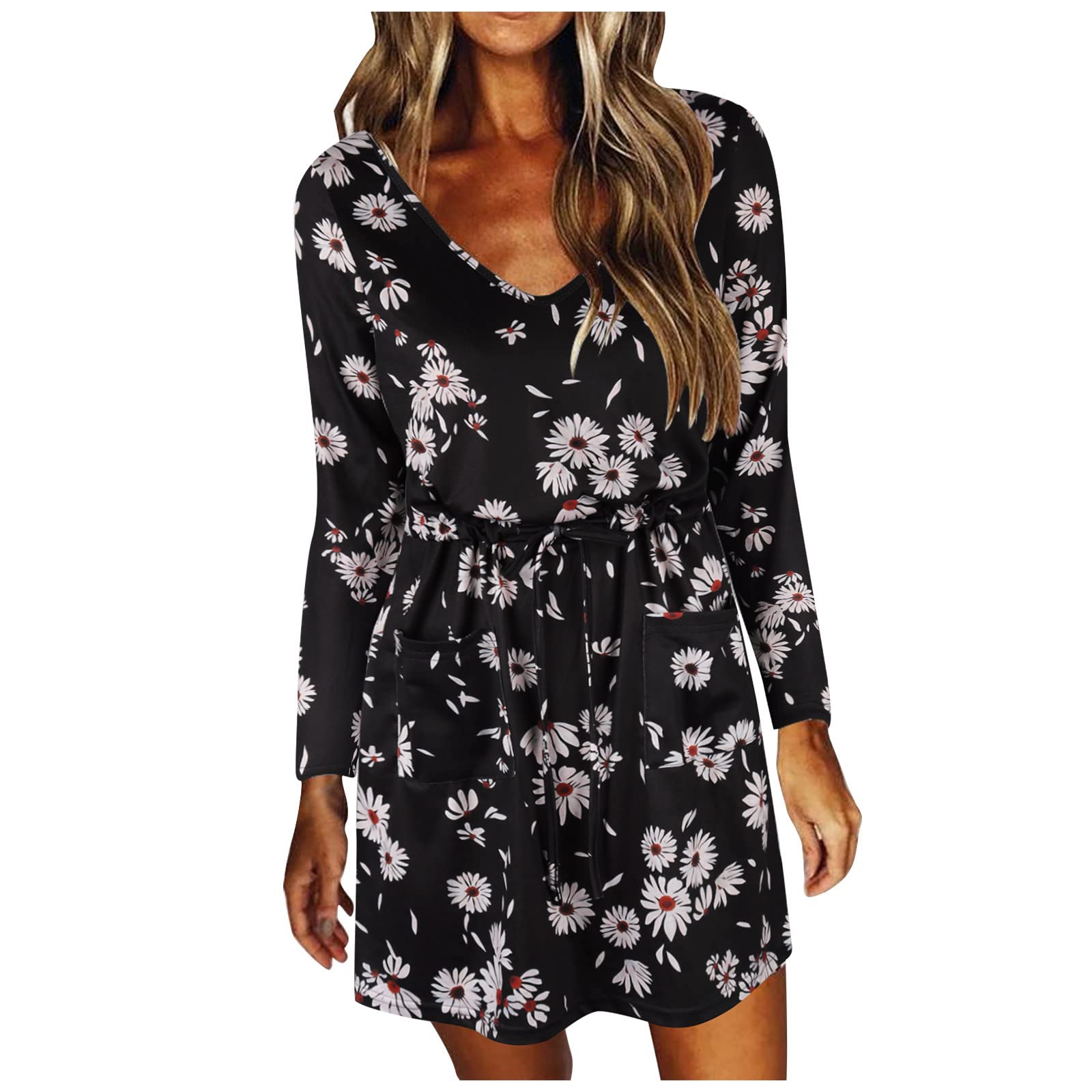 Women's Floral V-Neck Long Sleeve Mini Swing Dress with Elastic Waist Belt - Fall Casual Short Dress for Work, Date Night & Autumn Outings