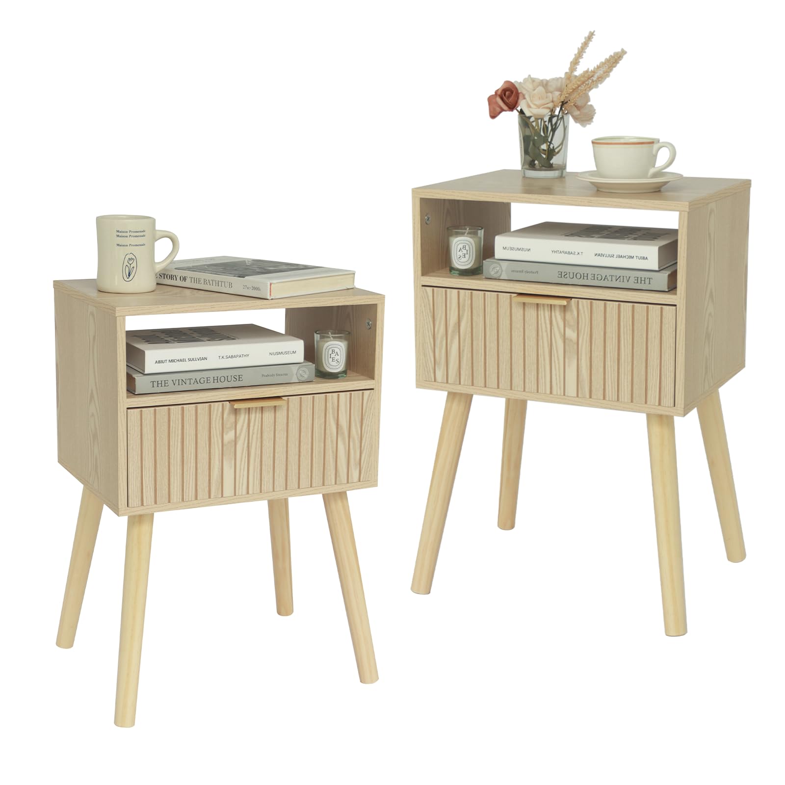 MaxSmeo Nightstand Set of 2 - Wooden Bedside Tables with Drawer, Solid Wood Legs for Bedroom, Living Room & Small Spaces - Easy Assembly, Natural Finish - Perfect for Bedside Storage, Reading Nook & Apartment Decor