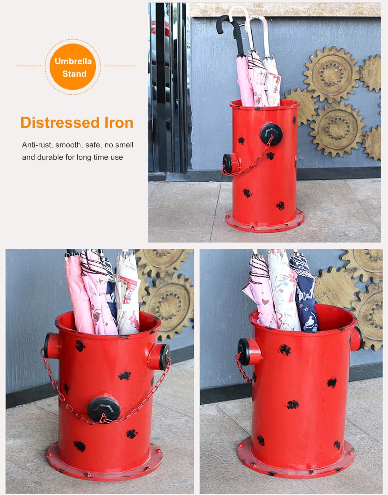 Distressed Iron Umbrella Stand with Drip Tray - Industrial Round Walking Stick Holder - Fire Hydrant Design for Indoor/Outdoor Entryway Organization - Perfect for Home, Office, and Restaurant Use