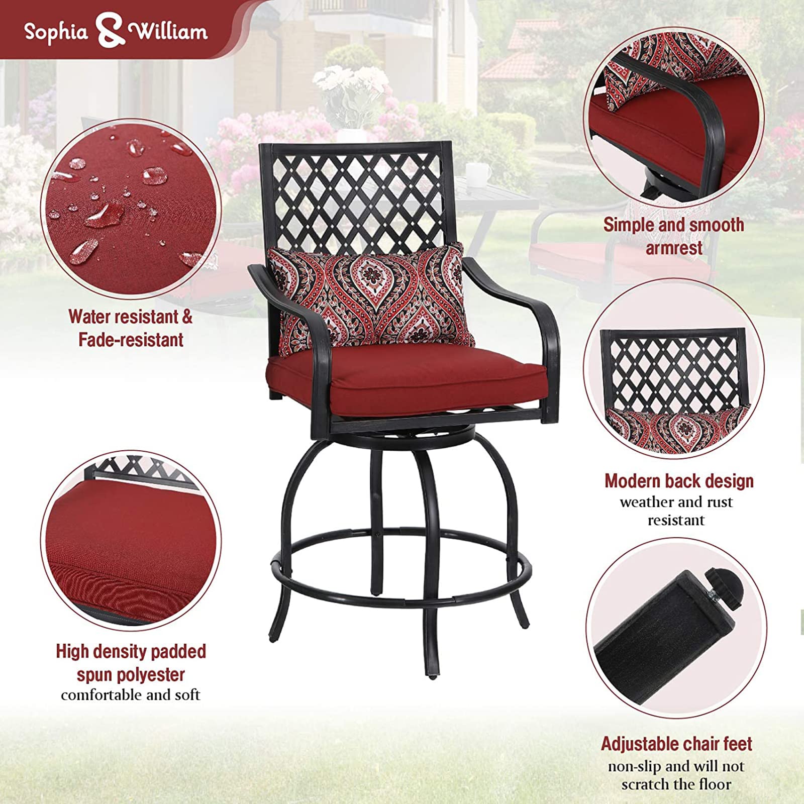 Sophia & William 4-Piece Outdoor Swivel Bar Stool Set - All-Weather Metal Patio Bar Height Chairs with Armrests & Red Cushions - Perfect for Garden, Lawn, Backyard, Poolside & Outdoor Dining Areas