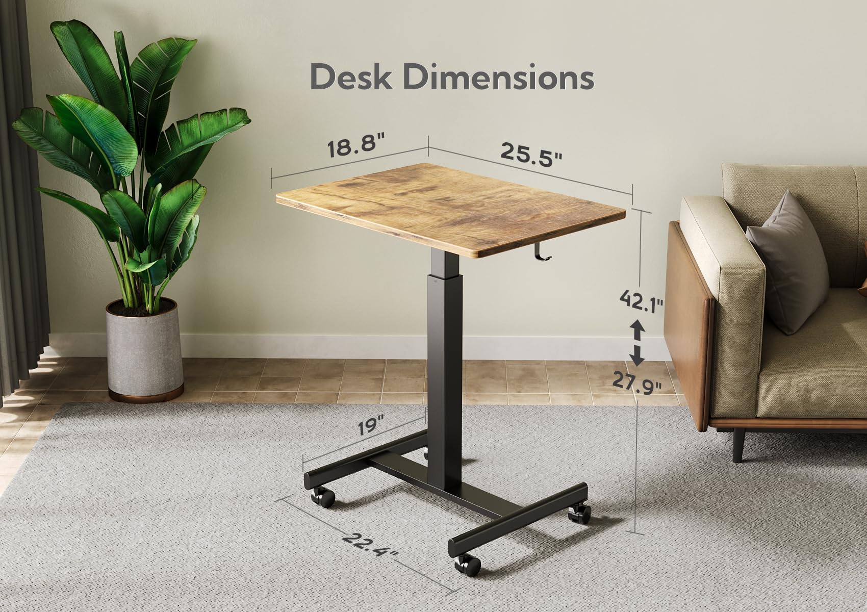 Claiks Mobile Standing Desk with Wheels - Adjustable Height Small Rolling Workstation for Home Office, Pneumatic Laptop Desk with Hook in Rustic Brown | Perfect for Remote Work, Study & Small Spaces
