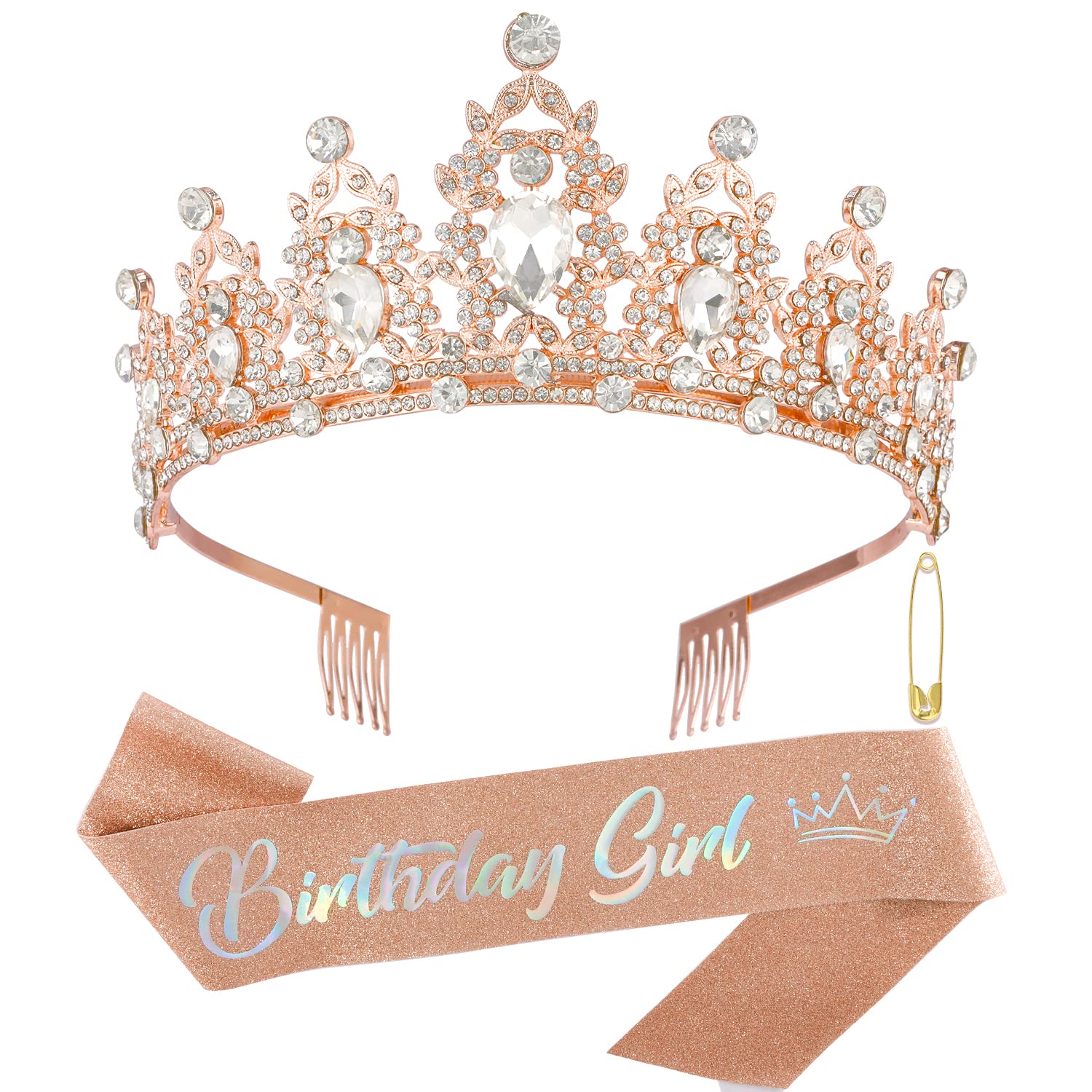 SuPoo Rose Gold Birthday Sash & Tiara Set for Women - Glitter Princess Crown with Comb, Birthday Party Decorations, Gifts & Favors for Bachelorette, Bridal Showers & Special Celebrations