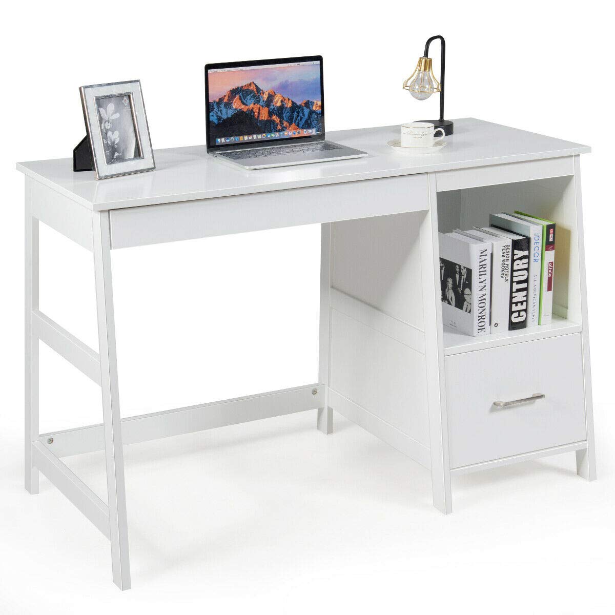 Walomes 47.5 Inch Large Computer Desk with Shelves & 2 Drawers - Sturdy Trestle Writing Desk for Home Office, Study Workstation - Perfect for Remote Work, Gaming & Online Learning
