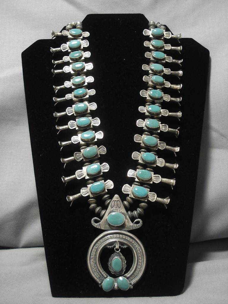 Vintage 1940s Navajo Native American Squash Blossom Necklace - Sterling Silver with Royston Turquoise | Southwest Jewelry for Women, Boho Fashion Accessory, Wedding & Special Occasion Gift