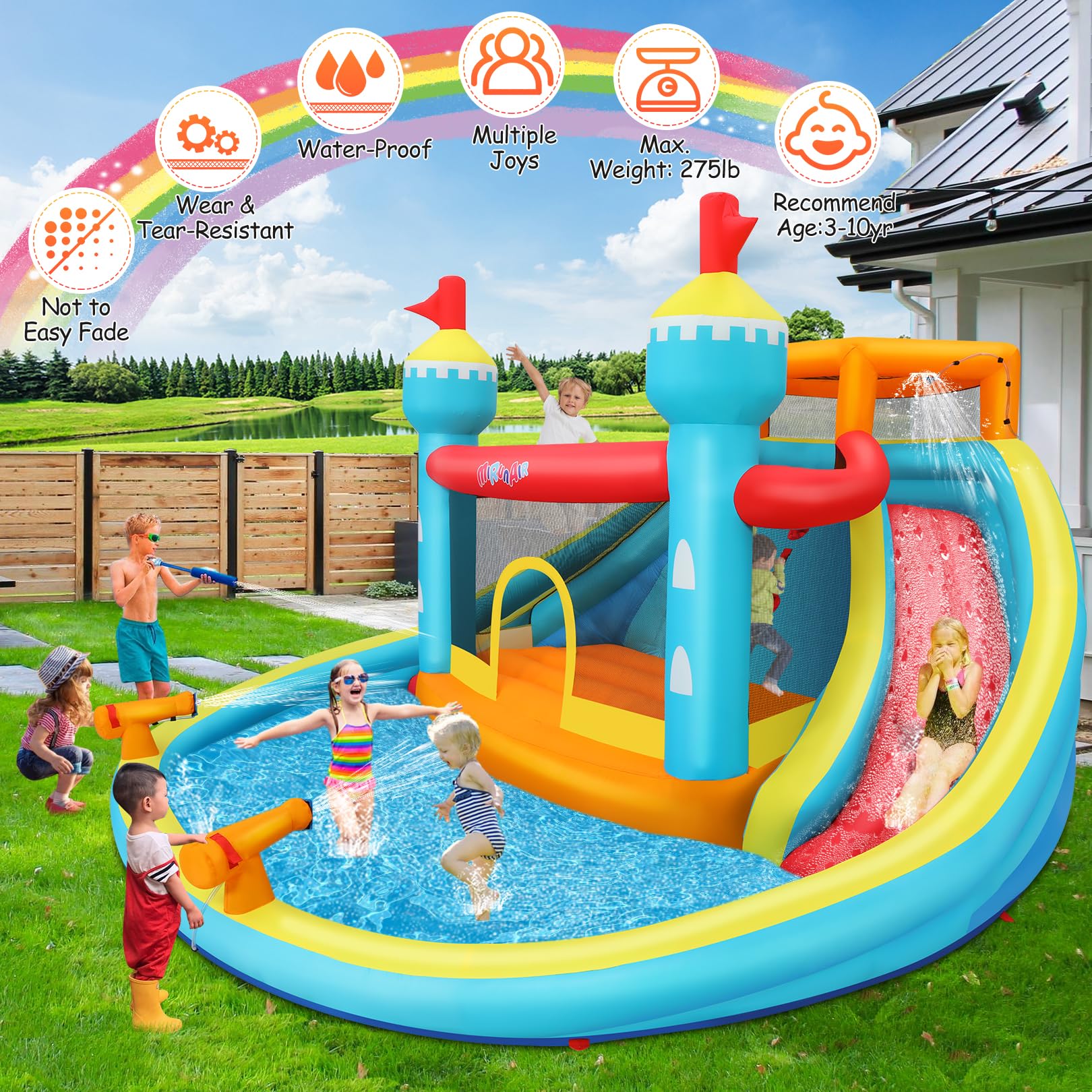 10-in-1 Inflatable Water Slide Park with Splash Pool, Jump Area, Climbing Wall & Water Cannons - 520W Blower Included | Perfect for Backyard Summer Fun, Kids Birthday Parties & Outdoor Water Play (Blue-Orange)