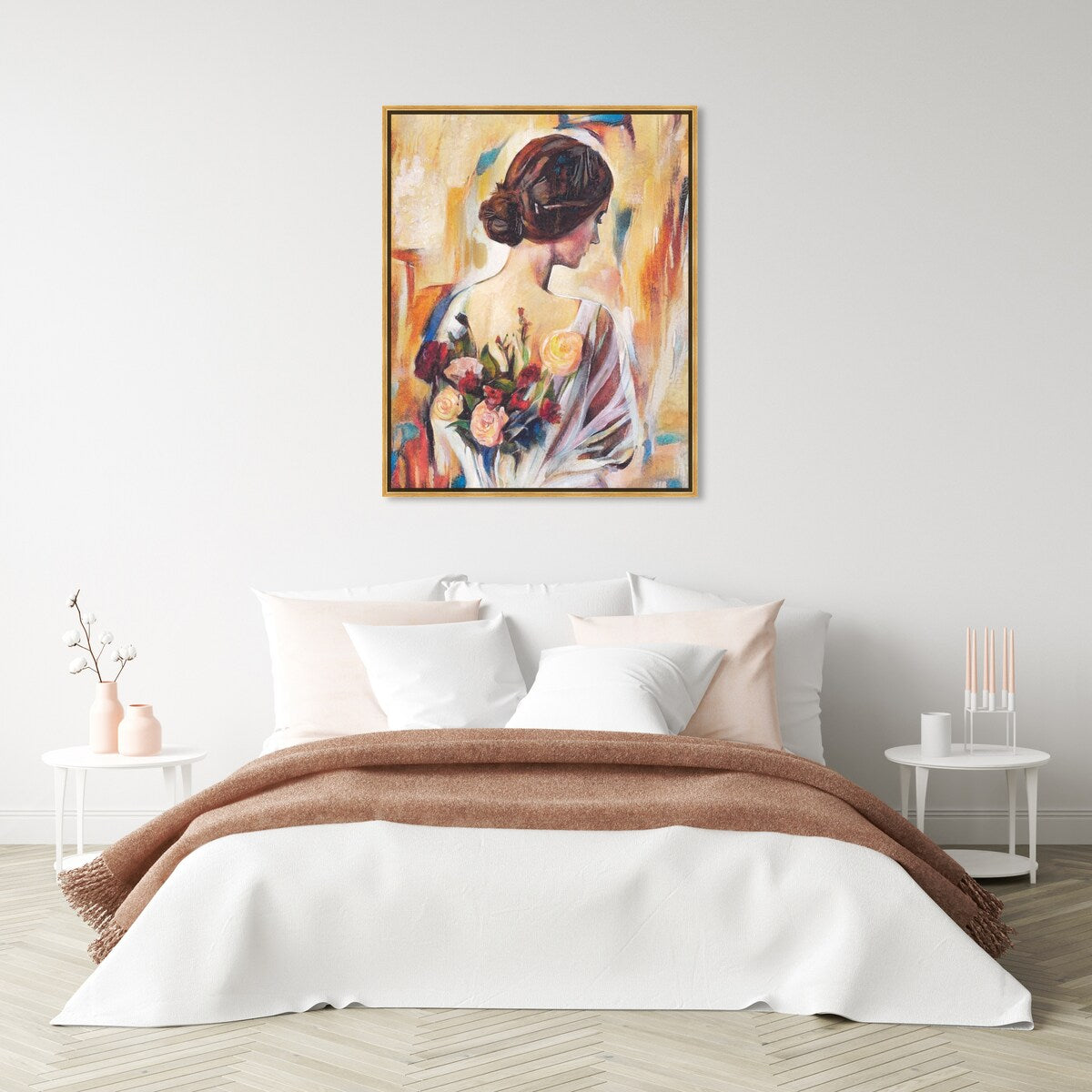 Modern White Framed Canvas Wall Art Print - Floral Back and Flowers Design for Female Beauty, Perfect for Bedroom Decor & Living Room Aesthetic
