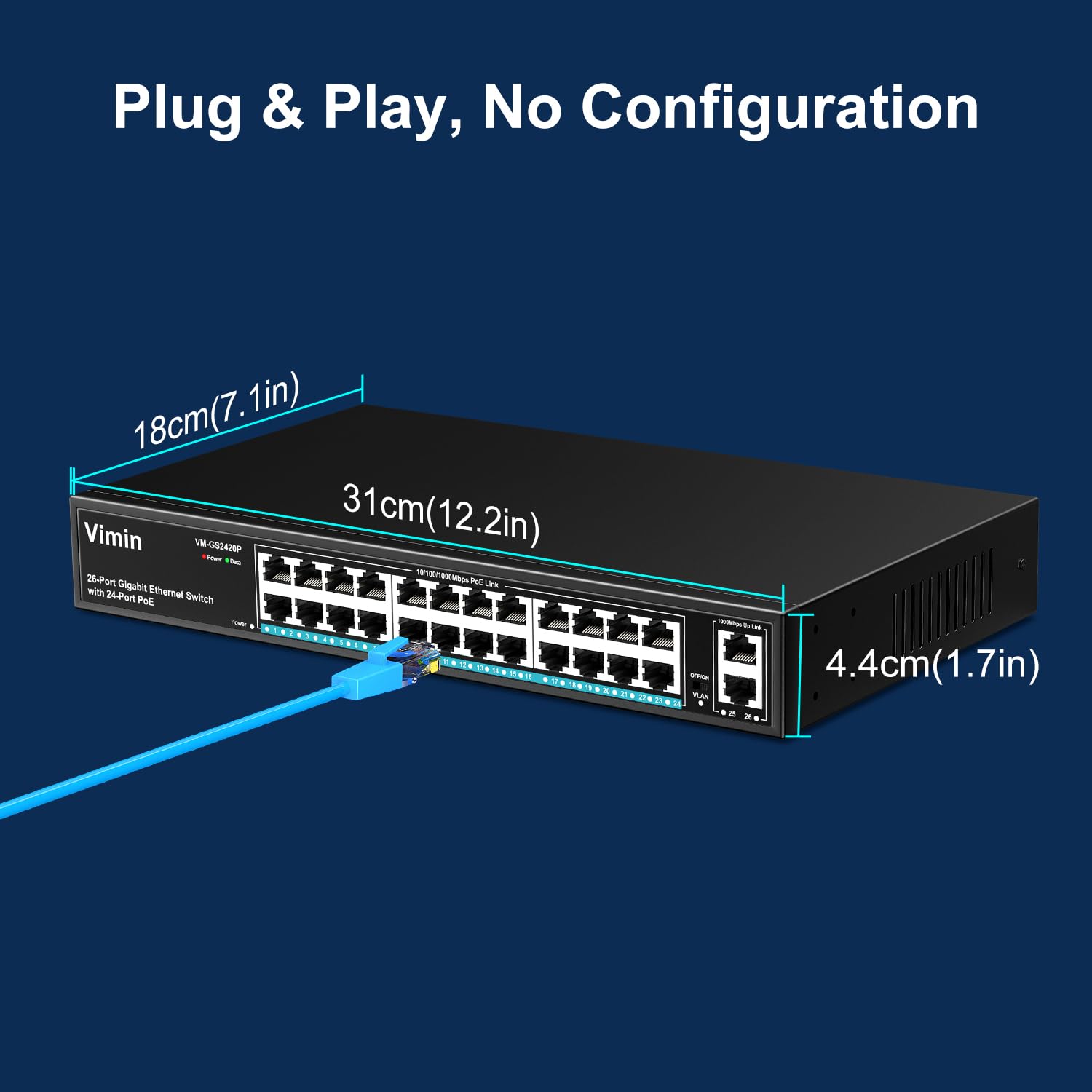 VIMIN 24 Port Gigabit PoE Switch with 2 Uplink Ports | 320W Power | IEEE802.3af/at | VLAN | Metal Housing | 19