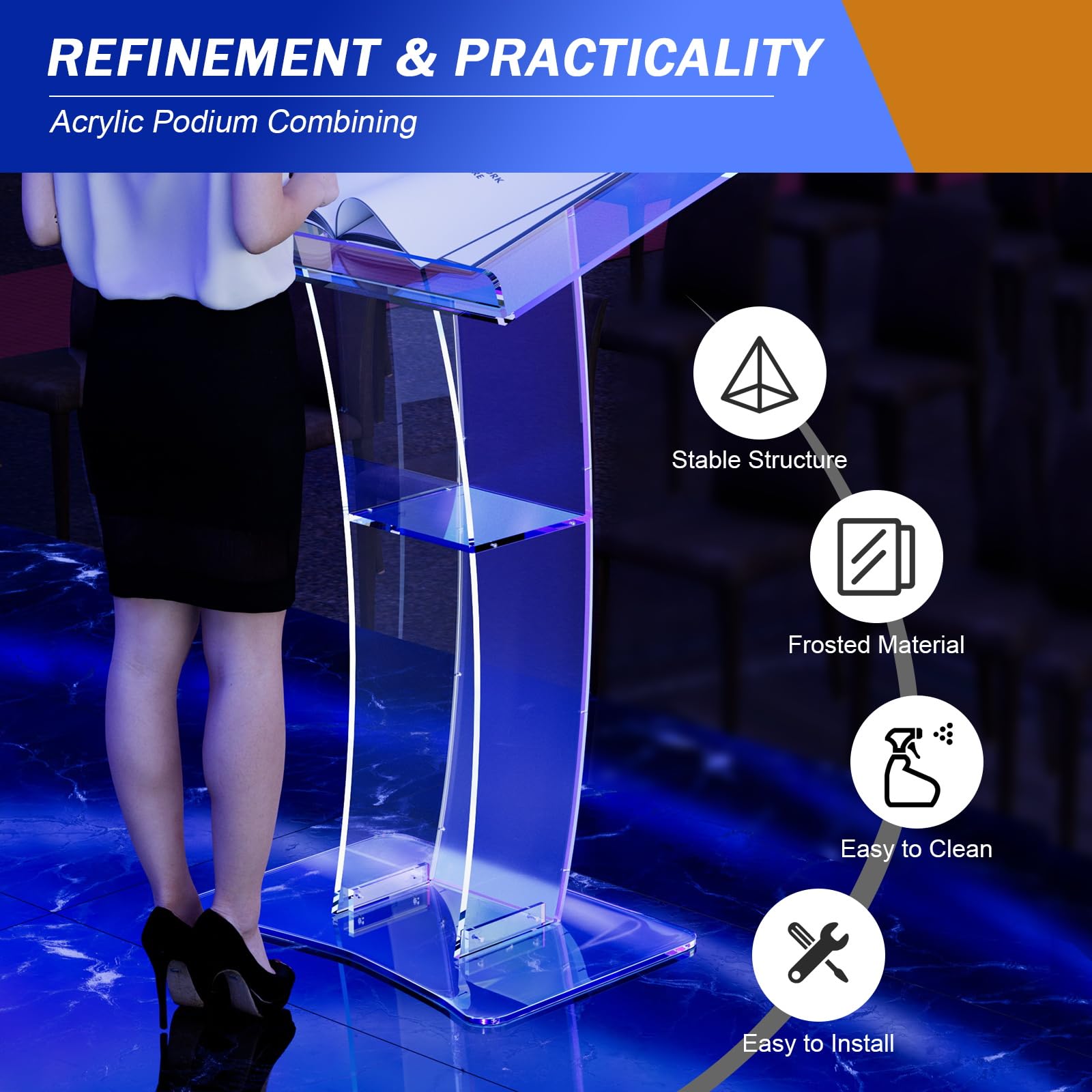 Acrylic Slanted Speaker Podium Lectern - Curved Plexiglass Transparent Pulpit for Church, Lectures, Recitals & Presentations | Perfect for Classrooms, Conferences & Worship Services