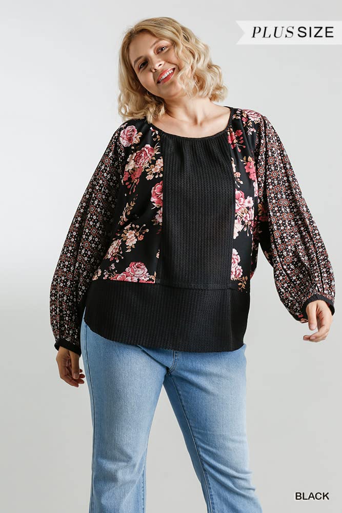 Umgee USA Women's Mixed Print Long Puff Sleeve Waffle Knit Top - Stylish Casual Blouse for Fall & Winter | Perfect for Office, Date Night & Weekend Outfits