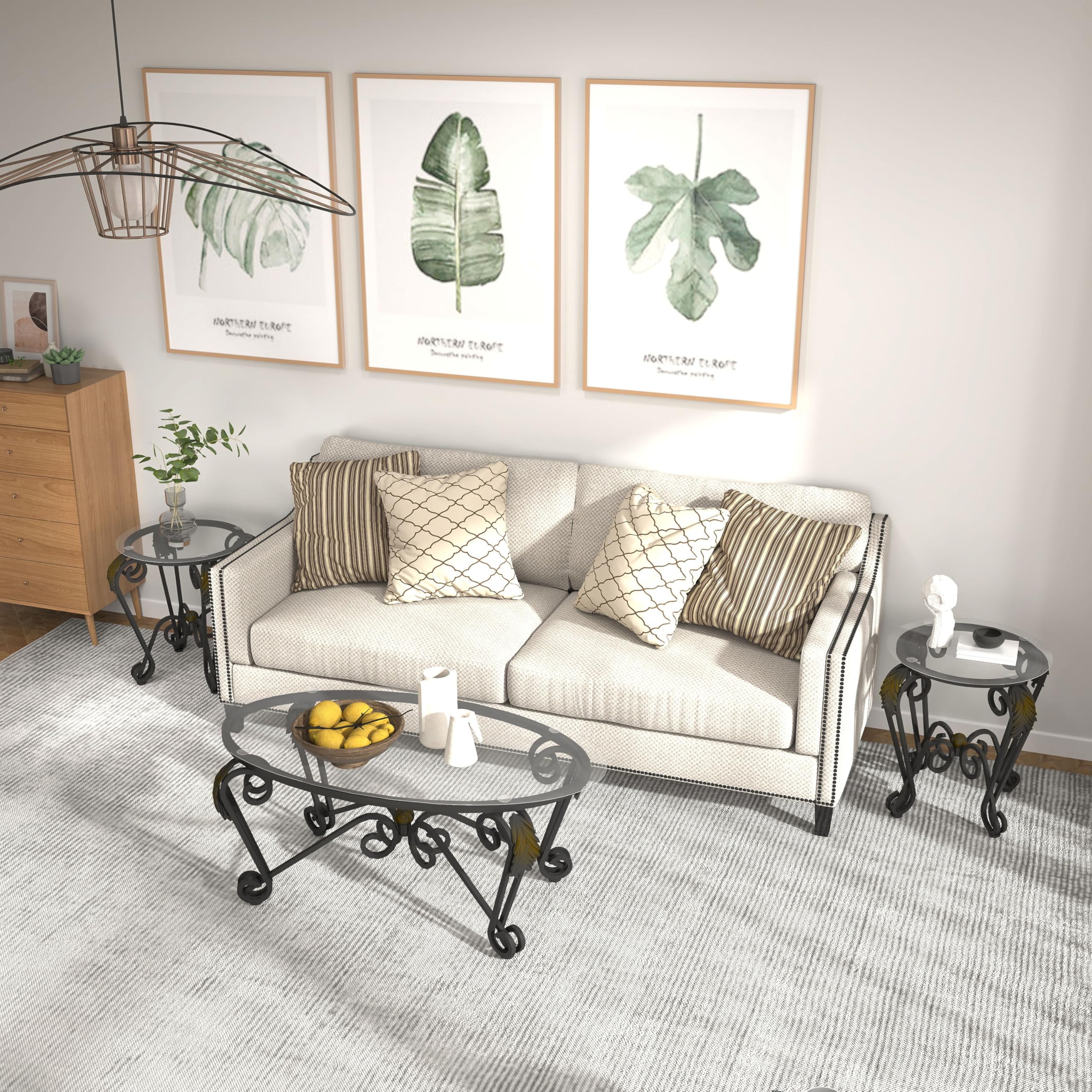 **Industrial Farmhouse 3-Piece Coffee Table Set - Tempered Glass Elliptical Coffee Table & 2 Round Side Tables, Modern Metal Frame for Living Room, Apartment, Home Office (Rustic Black) - Perfect for Cozy Gatherings & Stylish Home Decor**