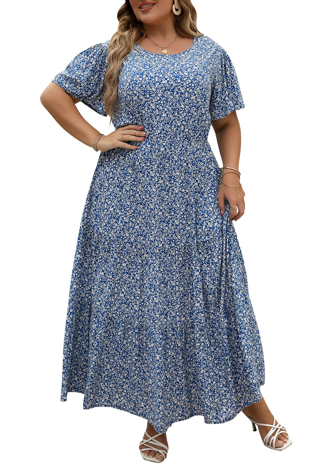 Nemidor Women's Plus Size Boho Floral Print Casual Layered Flared Maxi Dress with Pockets - Perfect for Beach Vacations, Summer Parties & Boho Fashion Outfits