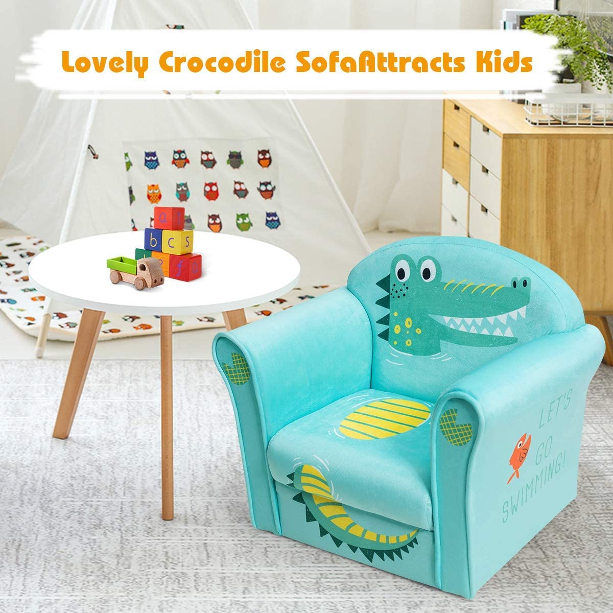 Fireflowery Kids Sofa with Cartoon Pattern - High Back Armrest Chair for Toddlers, High-Resilience Sponge Cushion, Lightweight Children's Furniture for Boys & Girls (Blue) - Perfect for Playroom, Bedroom & Nursery Decor