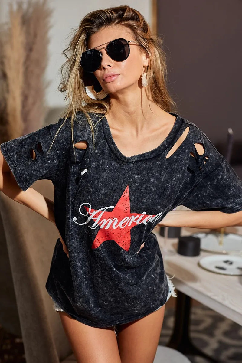 BiBi Laser Cut Mineral Washed Jersey Top - Trendy Women's Fashion Tops for Casual Wear & Street Style | Perfect for Everyday Outfits, Weekend Hangouts & Summer Looks