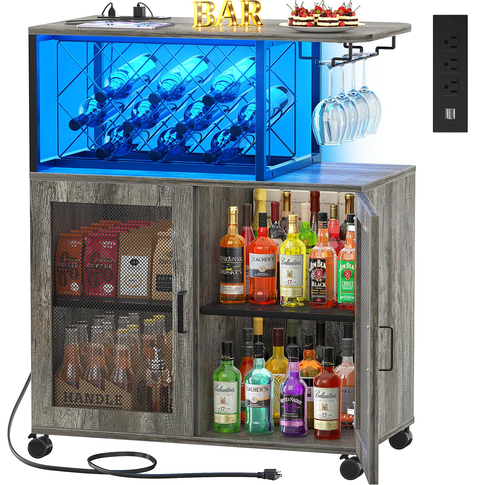 Portable Small Bar Cart with Wheels - LED Light Liquor Cabinet with Power Outlets - Wine Bar Cabinet with Storage Rack & Glass Holder - Perfect for Kitchen, Dining Room, Living Room or Home Entertainment - Grey Home Mini Bar for Cocktail Parties & Wine Tasting