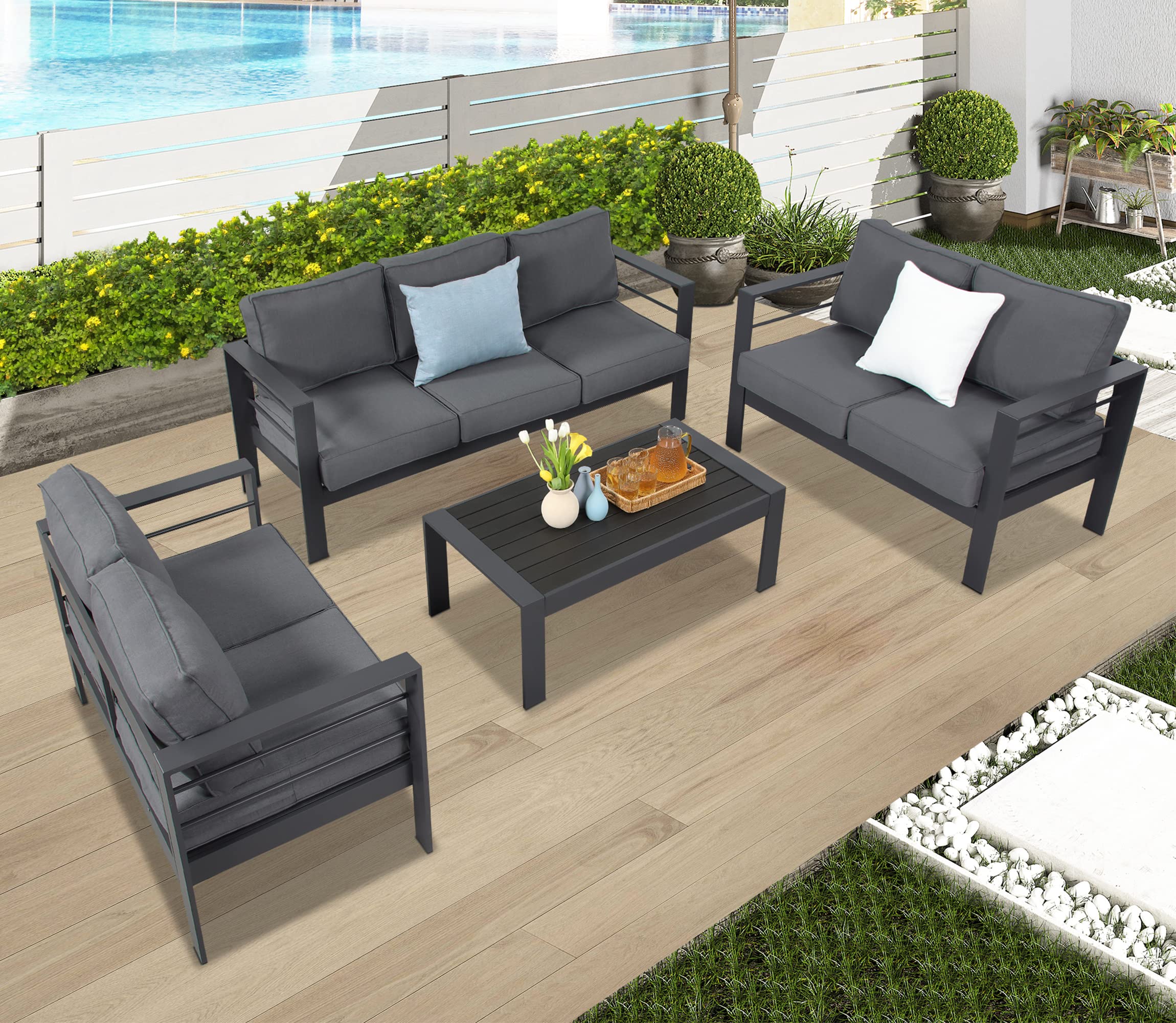Wisteria Lane Aluminum Outdoor Patio Furniture Set - Modern 5-Piece Metal Sectional Sofa with 5-Inch Cushions & Coffee Table - Dark Grey Conversation Set for Balcony, Garden, Backyard & Poolside Relaxation