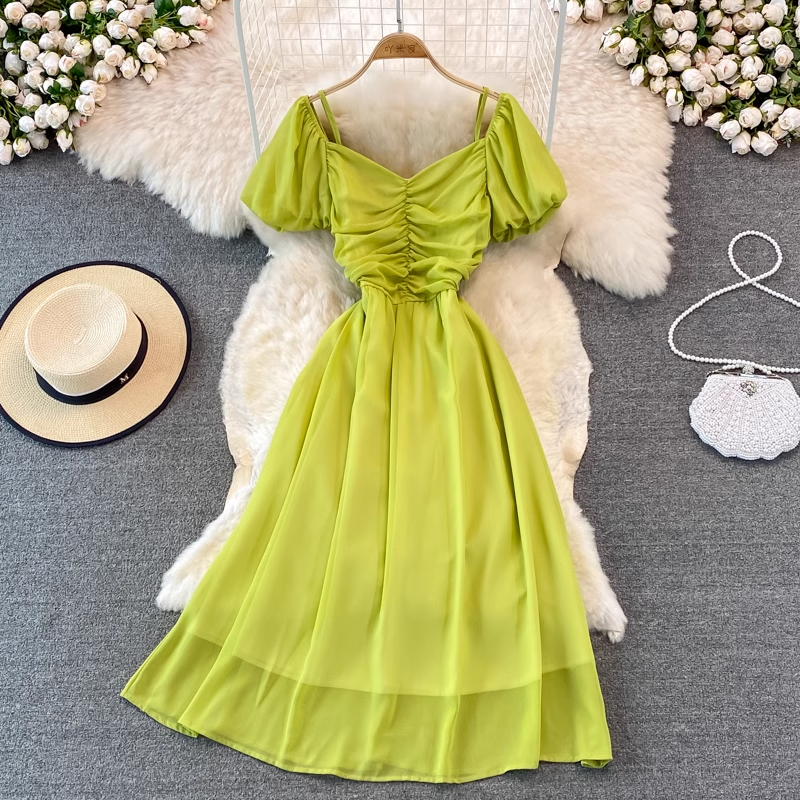 Bubble Short Sleeve Square Neck Dress - Pleated A-Line Chiffon Long Skirt for Women | Summer Casual Flowy Dress for Beach, Party & Everyday Wear | Style 926