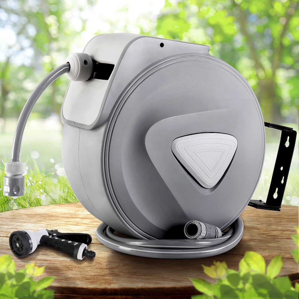 30M Retractable Garden Hose Reel with Auto Rewind & Spray Gun - Perfect for Lawn Care, Car Washing, and Outdoor Cleaning