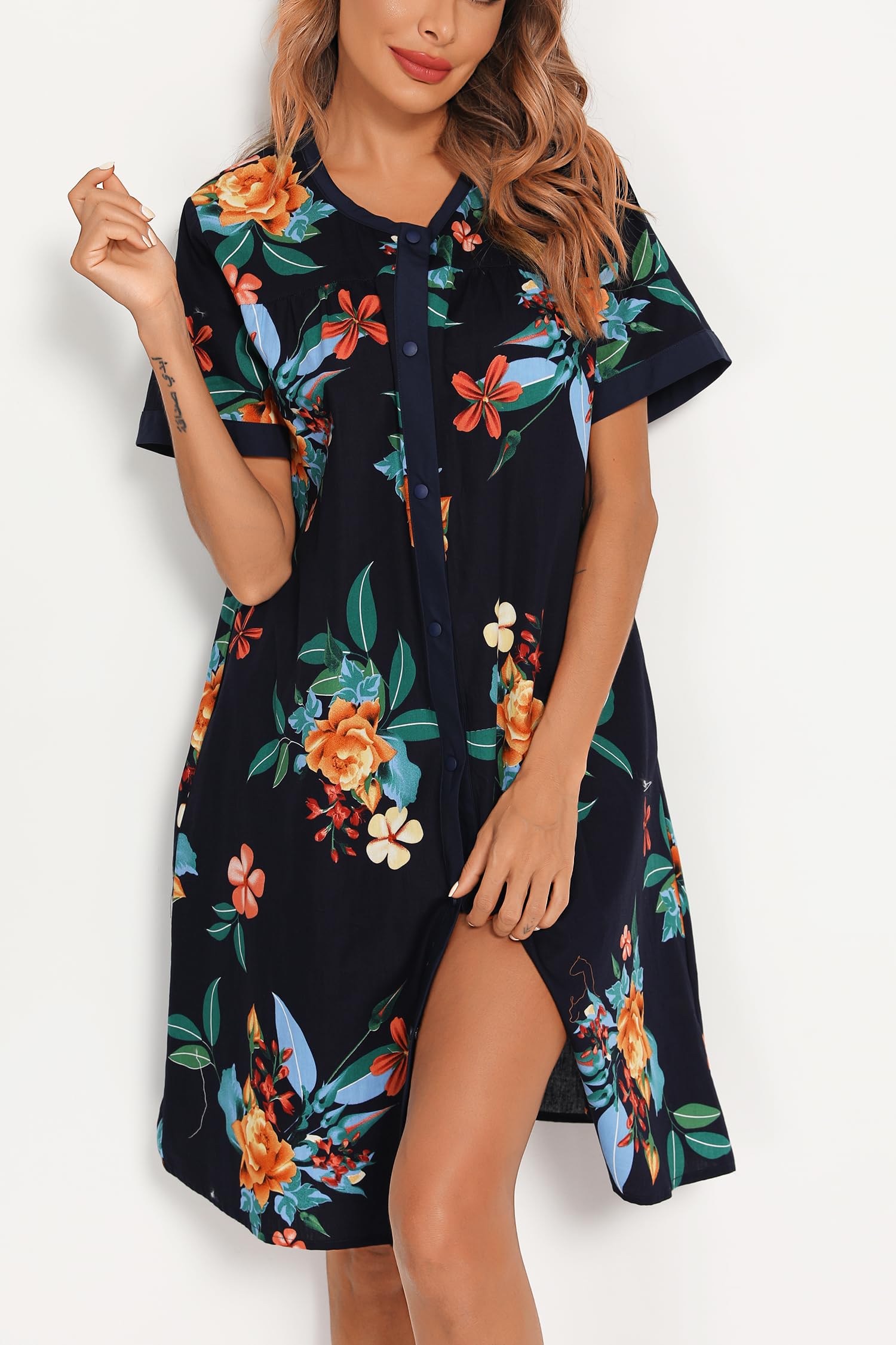 YOZLY Women's Short Sleeve House Dress - Casual Home Robe with Pockets | Comfortable Moomoo Nightgown & Duster for Lounging, Morning Coffee, and Relaxing at Home