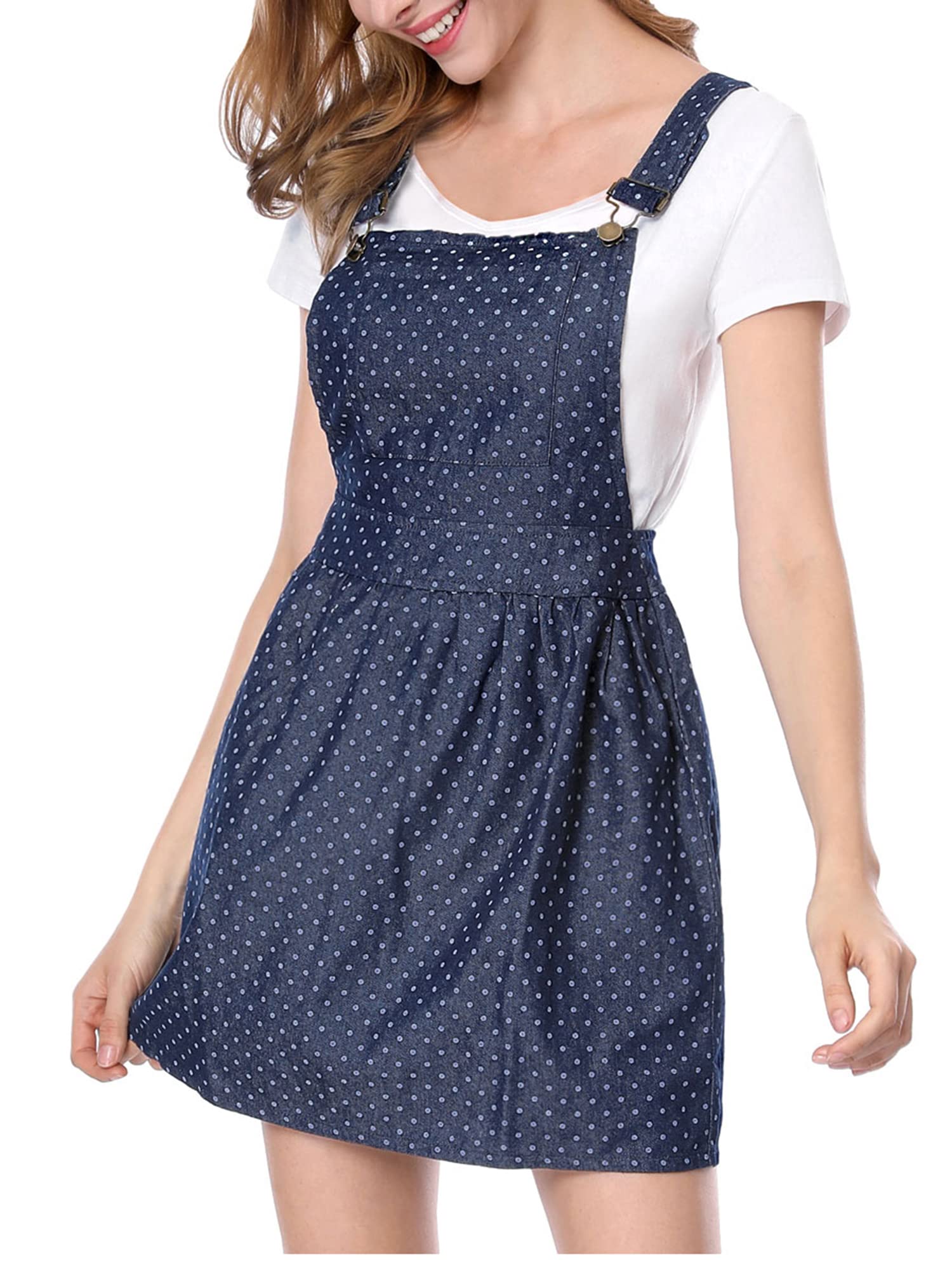 Allegra K Women's Printed Chambray Pinafore Dress with Adjustable Straps - Casual Mini Overalls for Spring Summer Outfits, Date Night & Music Festivals
