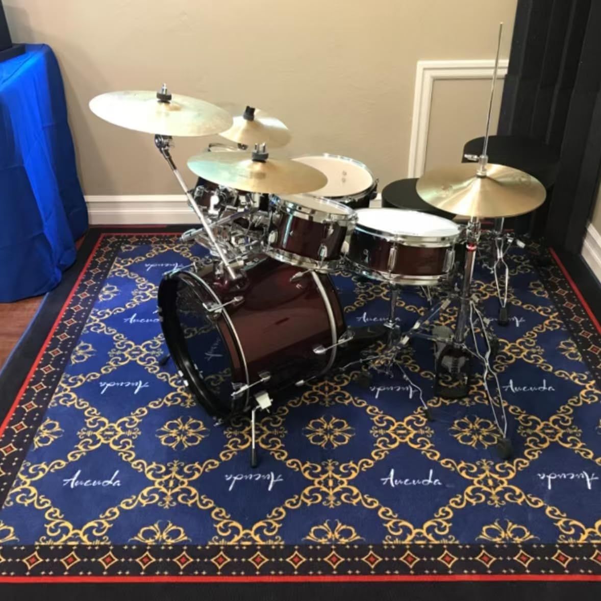 Aucuda 6x6.6 ft Blue Drum Rug - Non-Slip Woven Drum Mat for Electric Drum Set, Studio & Apartment - Soundproof Floor Carpet for Guitar & Music Practice - Perfect for Indoor/Outdoor Use