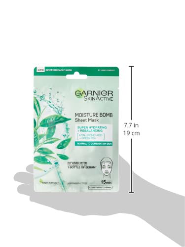 Garnier Moisture Bomb Green Tea Hydrating Face Sheet Mask - Pack of 1 | Hydrating & Soothing Facial Mask for Dry Skin | Perfect for Skincare Routine & Self-Care Days