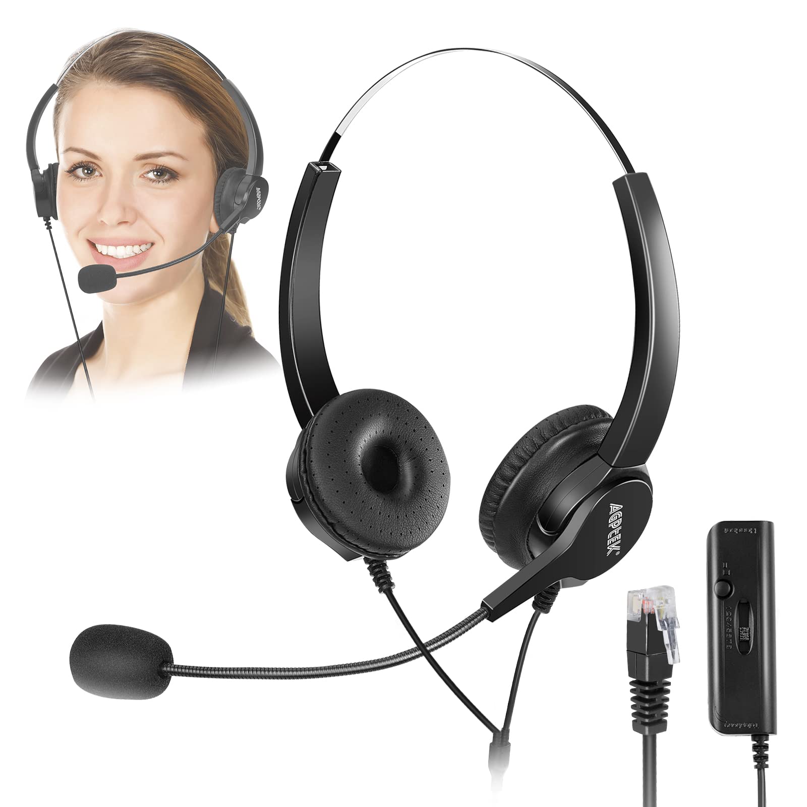 AGPTEK Noise Cancelling Binaural Headset with Mic - Hands-Free Call Center Headphones for Desk Phone, 4-Pin RJ9 Connector - Ideal for Telephone Counseling, Insurance Services & Hospital Use