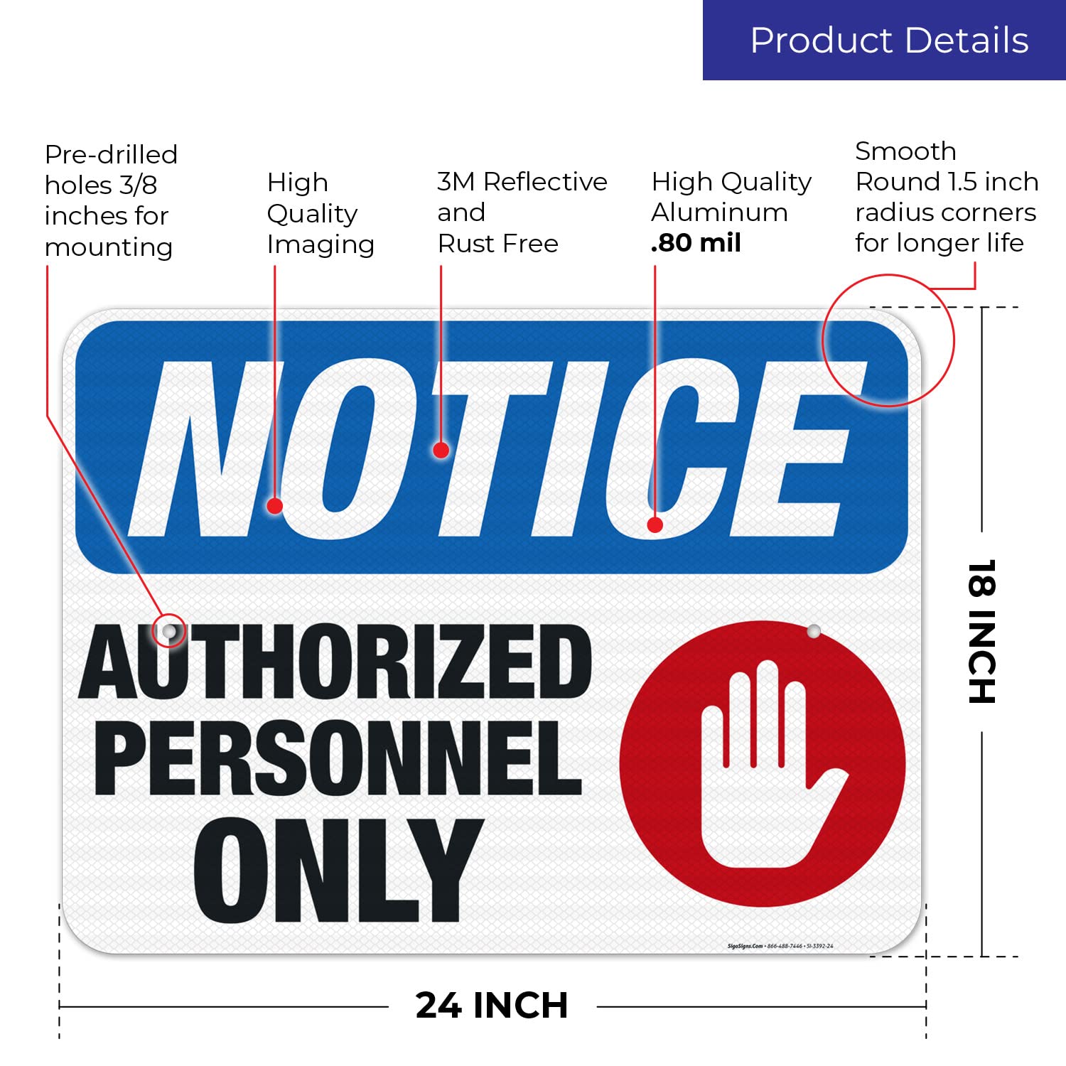 Authorized Personnel Only Red Warning Sign - OSHA Compliant 18x24 Inch Aluminum Sign with 3M EGP Reflective Surface | Durable .080 Thick Fade-Resistant Material for Indoor/Outdoor Use | Made in USA - Perfect for Construction Sites, Warehouses & Restricted Areas