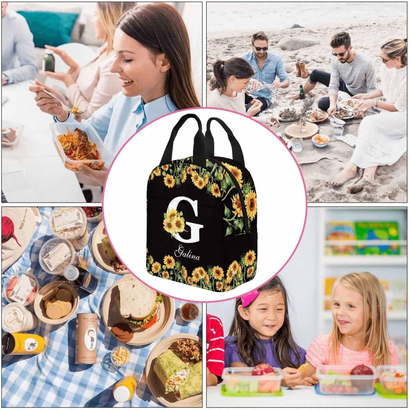 Personalized Sunflower Initial Custom Text Lunch Bag - Reusable Insulated Tote for School, Work & Travel | Perfect for Teens, Girls & Boys | Office, Camping & Picnic Essentials