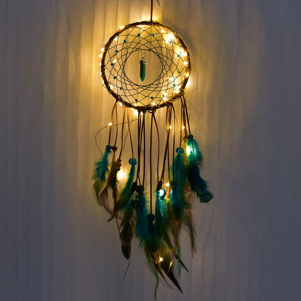 Handmade Simple Feather Dream Catcher - Boho Wall Hanging Decor for Bedroom, Wedding, Party & Christmas | LED Lighted Native American Inspired Home Decoration | Perfect for Nursery, Living Room & Gift Giving