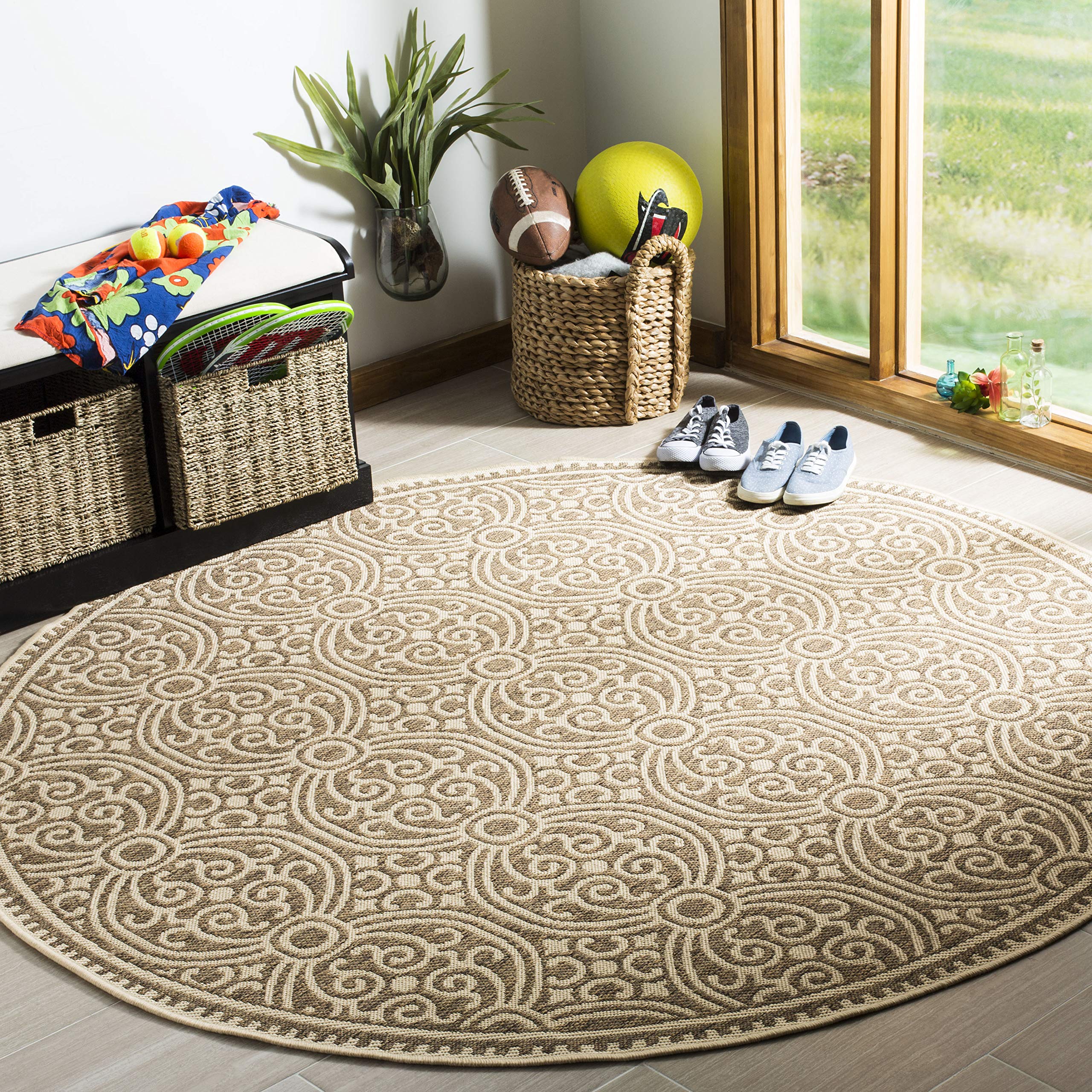 SAFAVIEH Linden Collection 8' x 8' Round Cream/Beige Geometric Area Rug - Indoor/Outdoor Non-Shedding, Easy to Clean - Perfect for Patio, Backyard, Porch, Deck & Mudroom