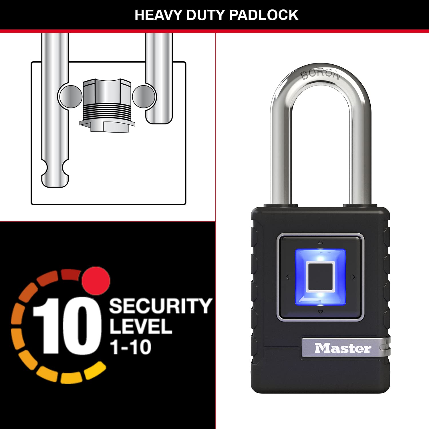 MASTER LOCK Heavy Duty Biometric Padlock - Weatherproof Fingerprint & Keypad Lock with Long Shackle (4901EURDLHCC) - Secure Storage for Outdoor Gates, Lockers, Toolboxes & Sheds