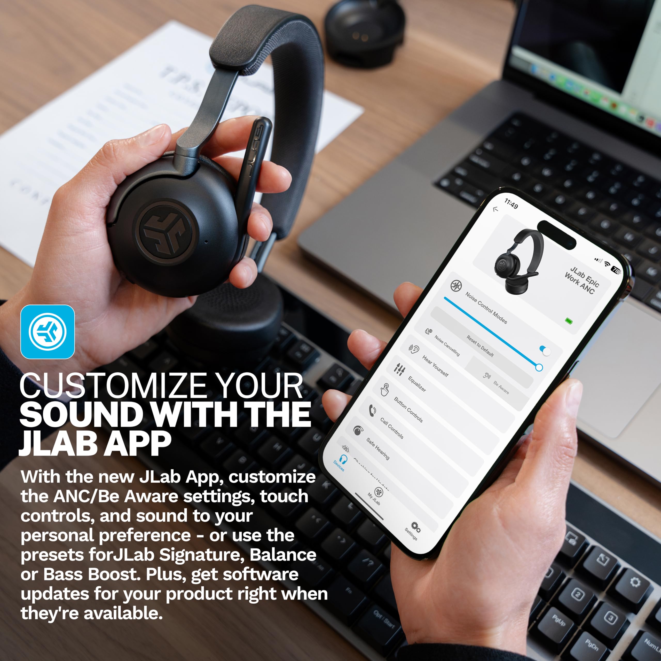 JLab Epic Work Wireless Bluetooth Headphones with Microphone - Active Noise Cancelling Headset, 90+ Hours Playtime, Charging Hub, Multipoint Connectivity for PC/Laptop/Mobile - Perfect for Office, Commuting & Remote Work (1 Pack)