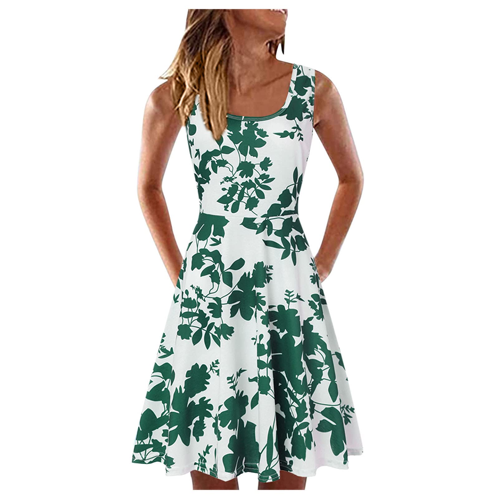 iOPQO Women's A-Line Sleeveless Short Casual Summer Dress - Floral Print U-Neck Loose Fit Wedding Guest Dress (Green, XXL) for Beach Parties & Summer Vacations