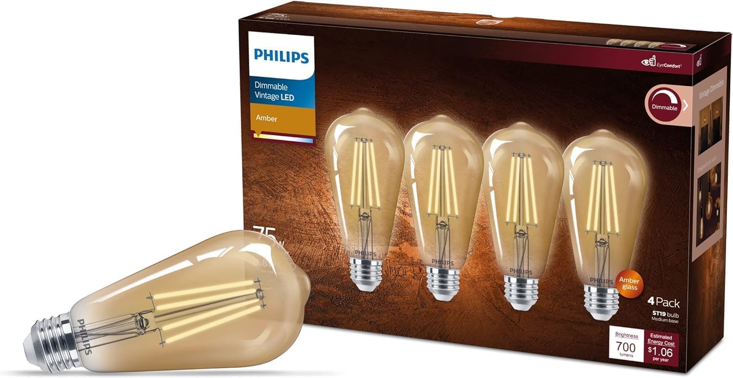 Vintage Spiral ST19 Dimmable LED Light Bulbs 4-Pack - E26 Base, 2000K Amber Warm White, 700 Lumens, Flicker-Free with EyeComfort Technology - Perfect for Bedrooms, Living Rooms, Restaurants and Cozy Ambiance Lighting