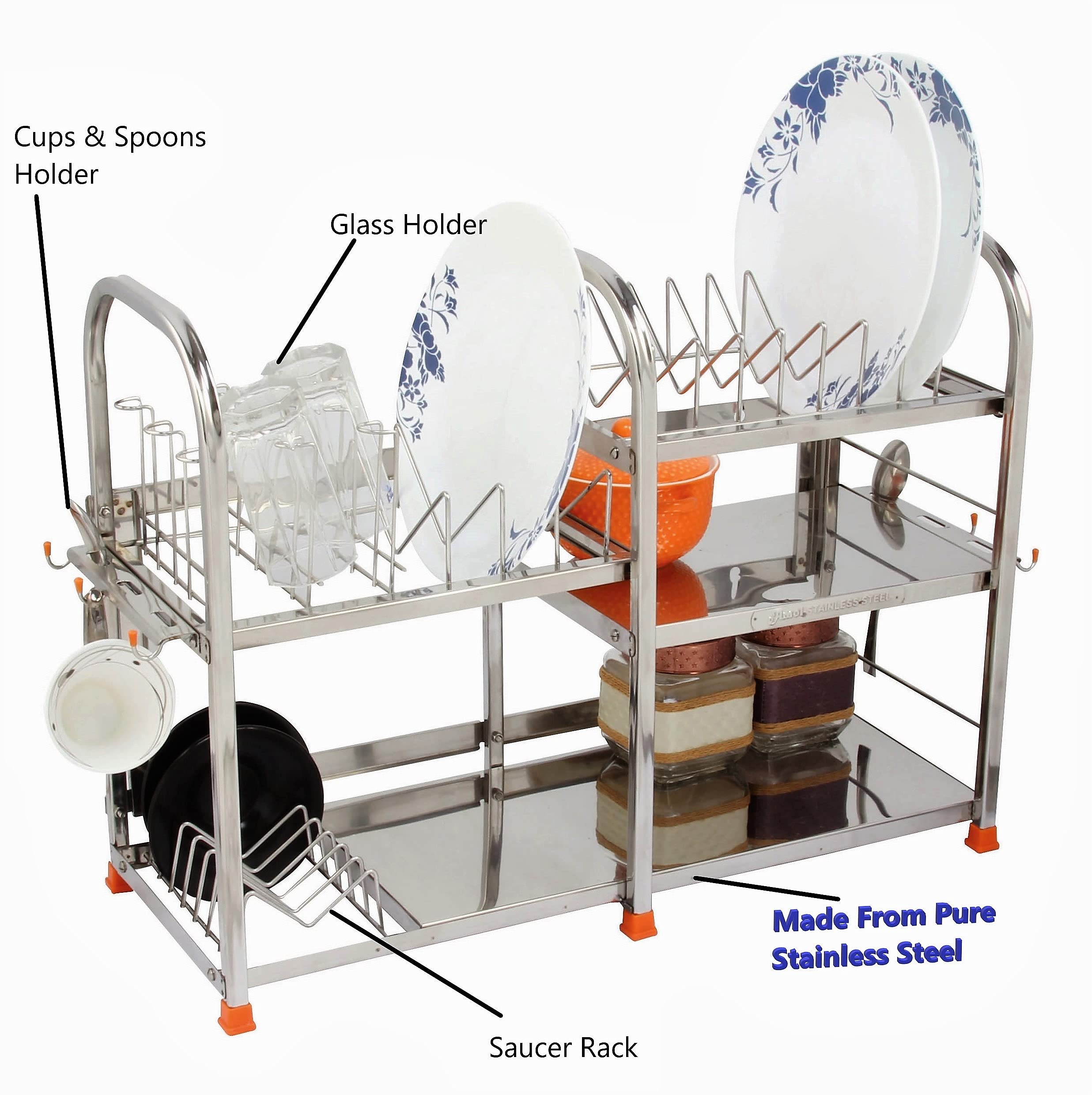 AMOL® Premium Stainless Steel Dish Rack - Wall Mount & Utensil Holder | 18x24 Inch Kitchen Organizer for Countertop or Cabinet | Space Saving Drying Rack for Plates, Cups & Cutlery | Ideal for Small Kitchens, Apartments & RVs