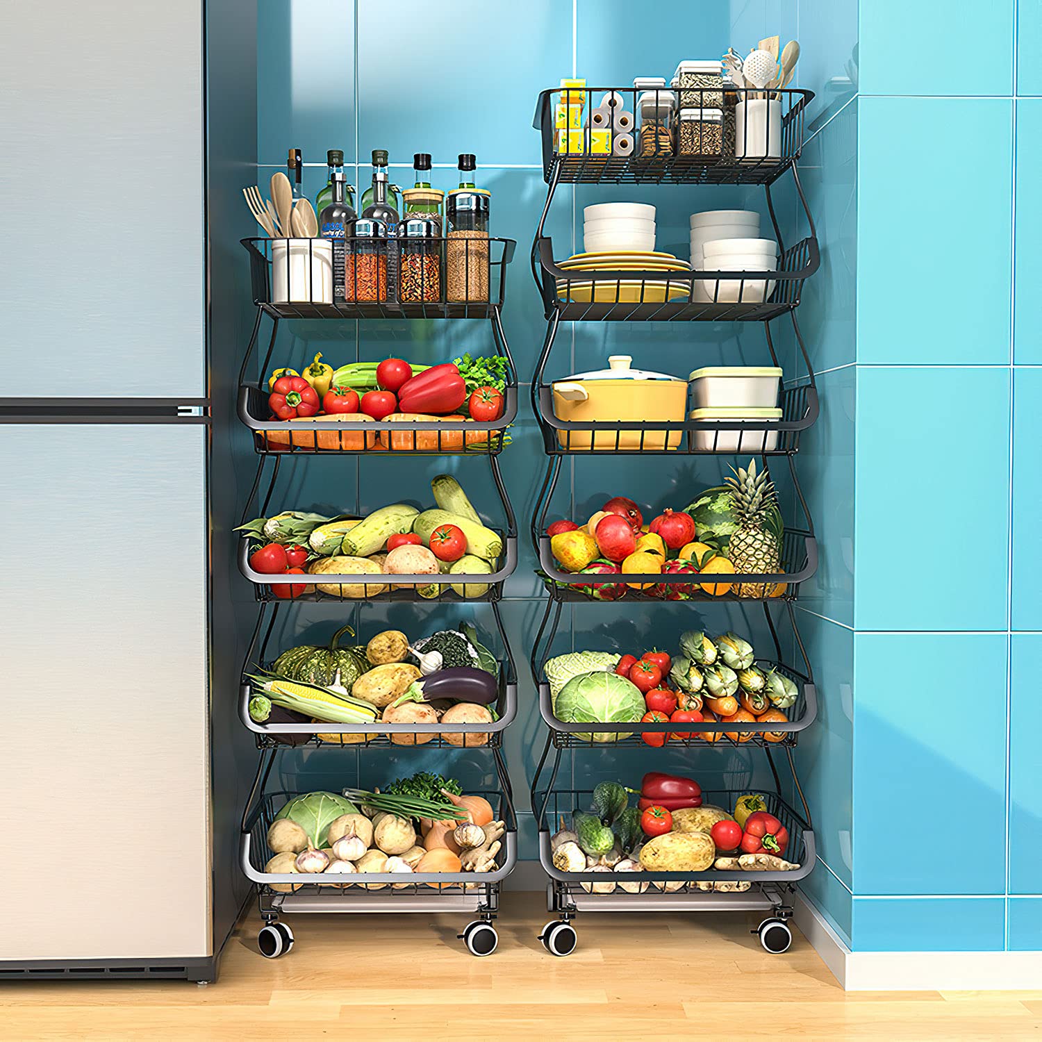 6-Tier Metal Kitchen Pantry Cart with Wheels - Stackable Storage Rack for Fruits, Vegetables & Organizing - Rolling Basket Organizer for Home, Office & Supermarket Use