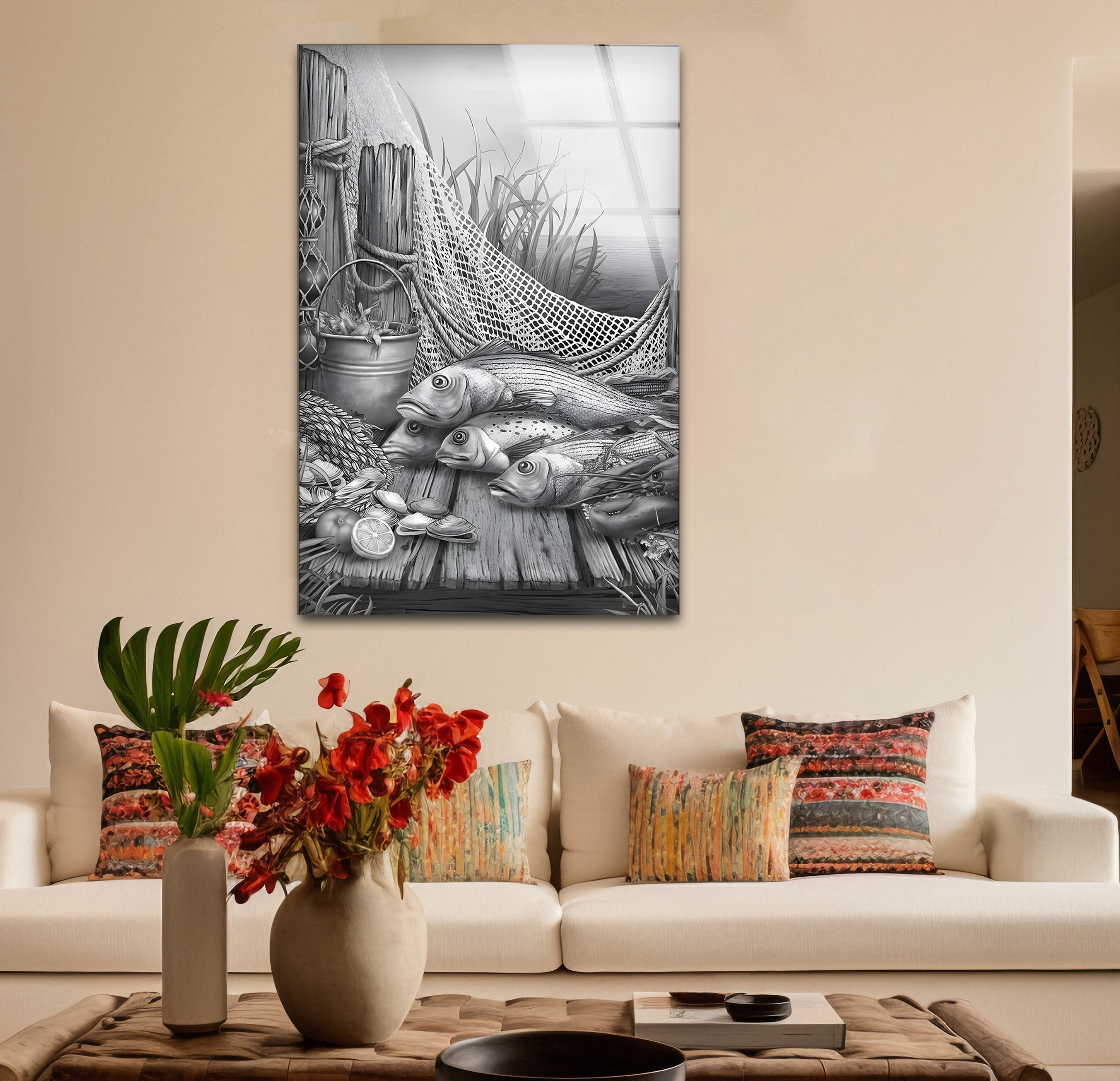 Black and White Fish Art Glass Wall Decor - Elegant Ocean-Themed Mural for Living Room, Bedroom & Office