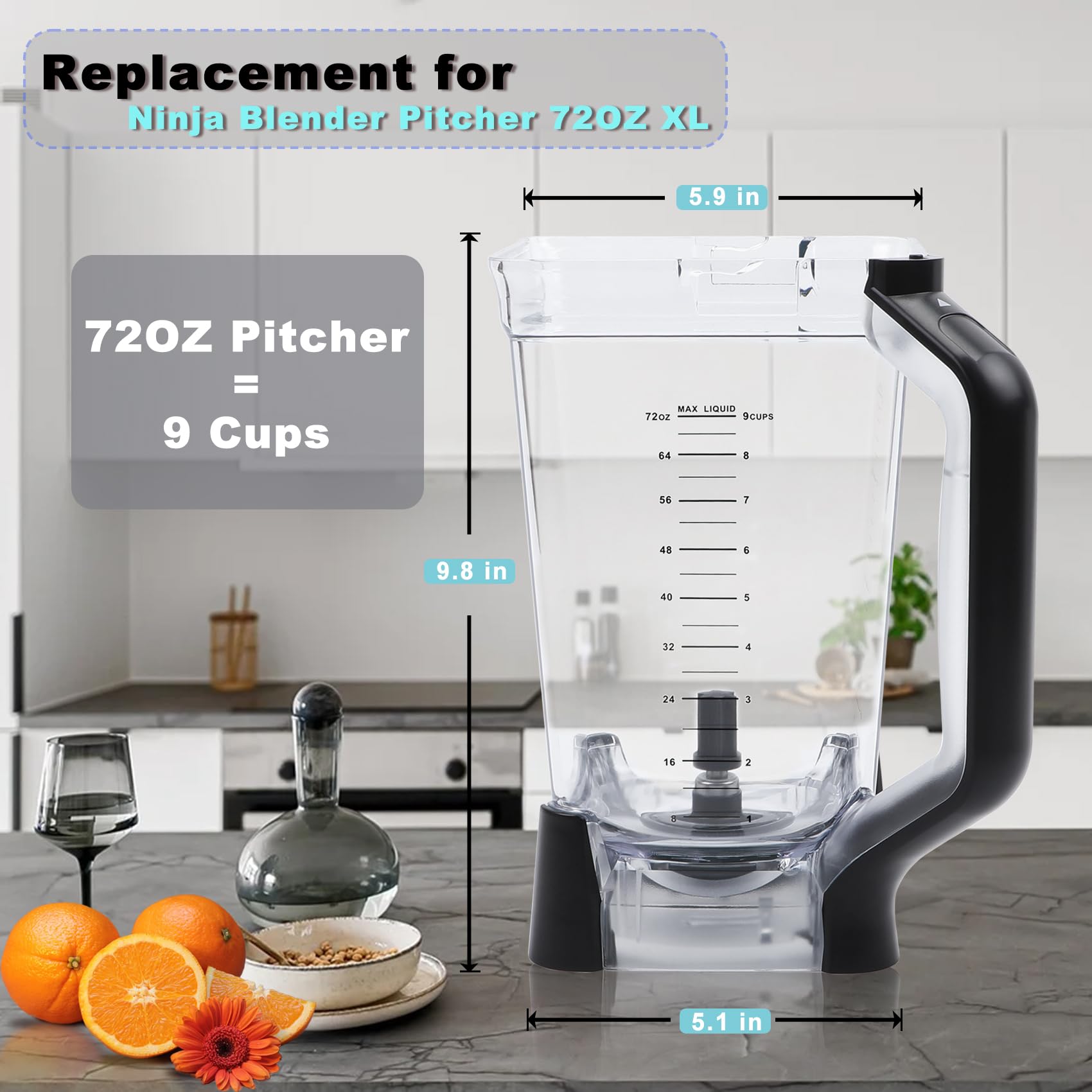 Ninja Blender Pitcher Replacement 72OZ XL Blender Cup for BL610 BL610BRN BL710WM BL710WMC CO650B CT610 C0610B CT610C CT611C - Perfect for Smoothies, Shakes & Crushing Ice